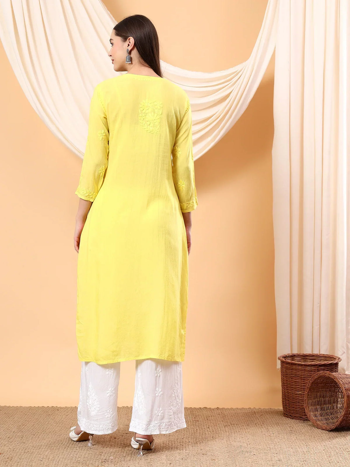 Alina Chikankari Modal Straight Kurta (Yellow)