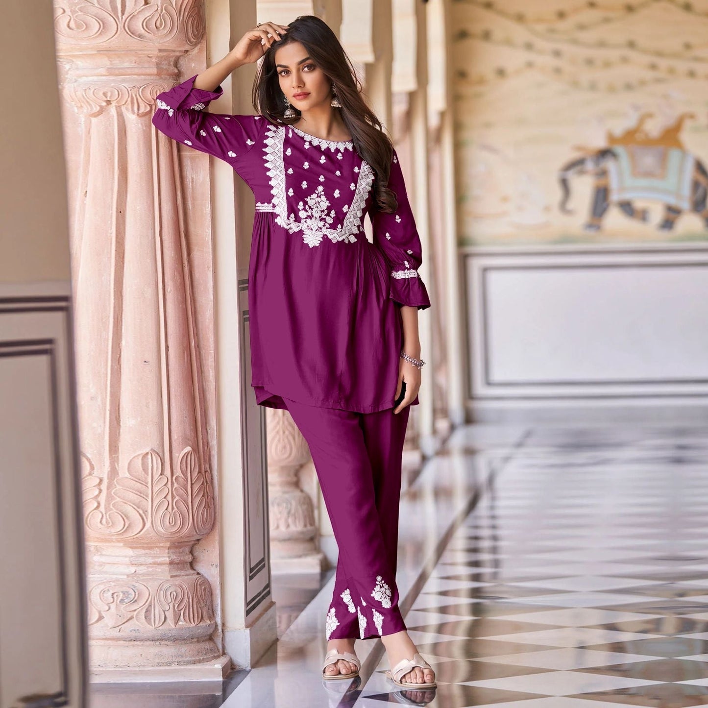 New Chikankari Exclusive Same_Kurti_Pent Pair (Wine) 37