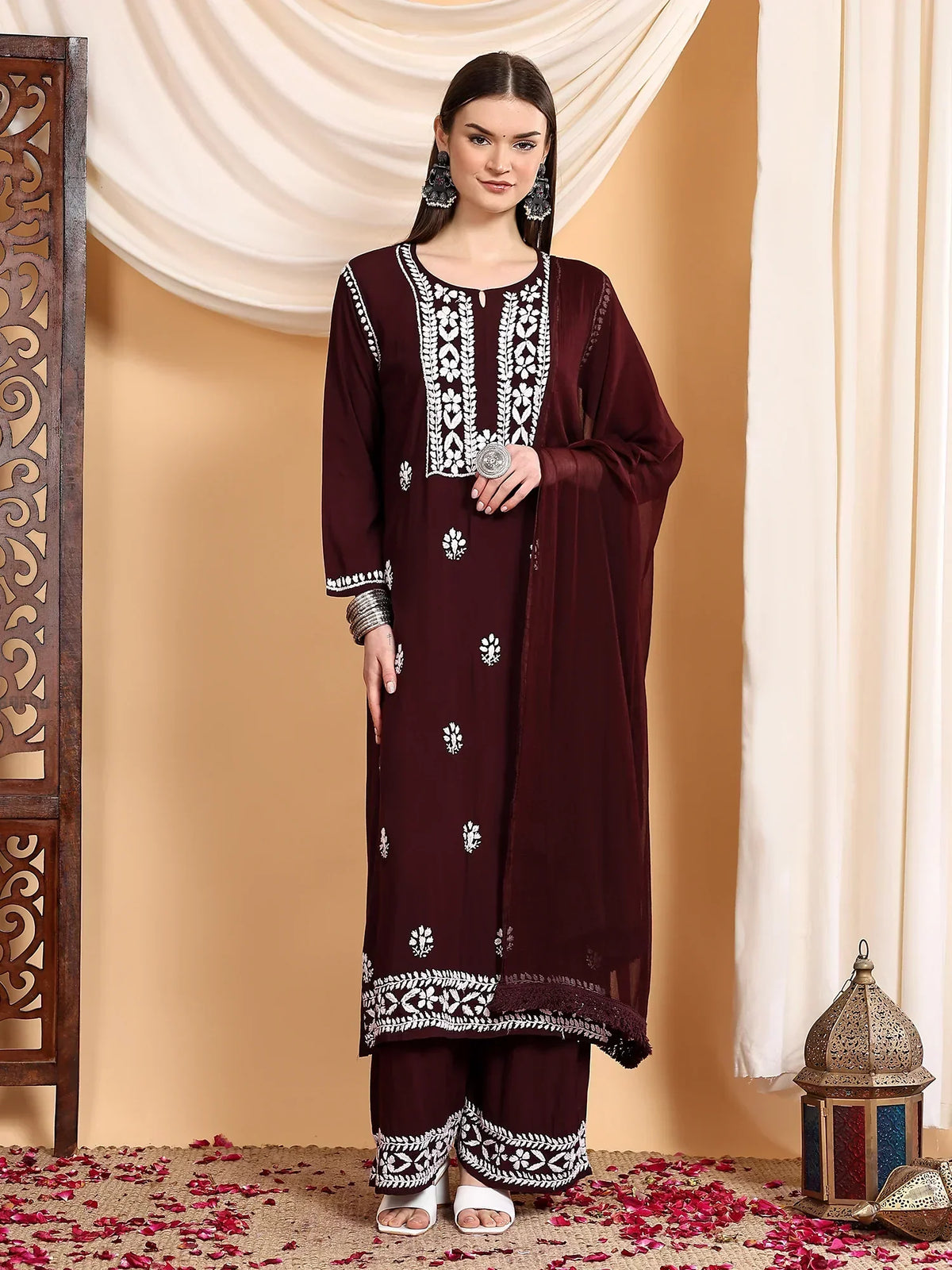 Shiza Chikankari Premium Modal Co-ord Set (Brown)
