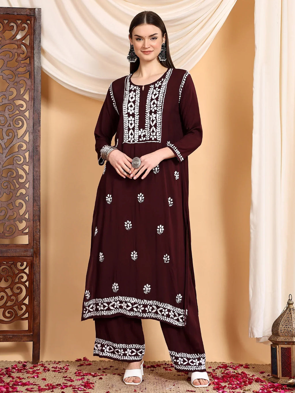 Shiza Chikankari Premium Modal Co-ord Set (Brown)