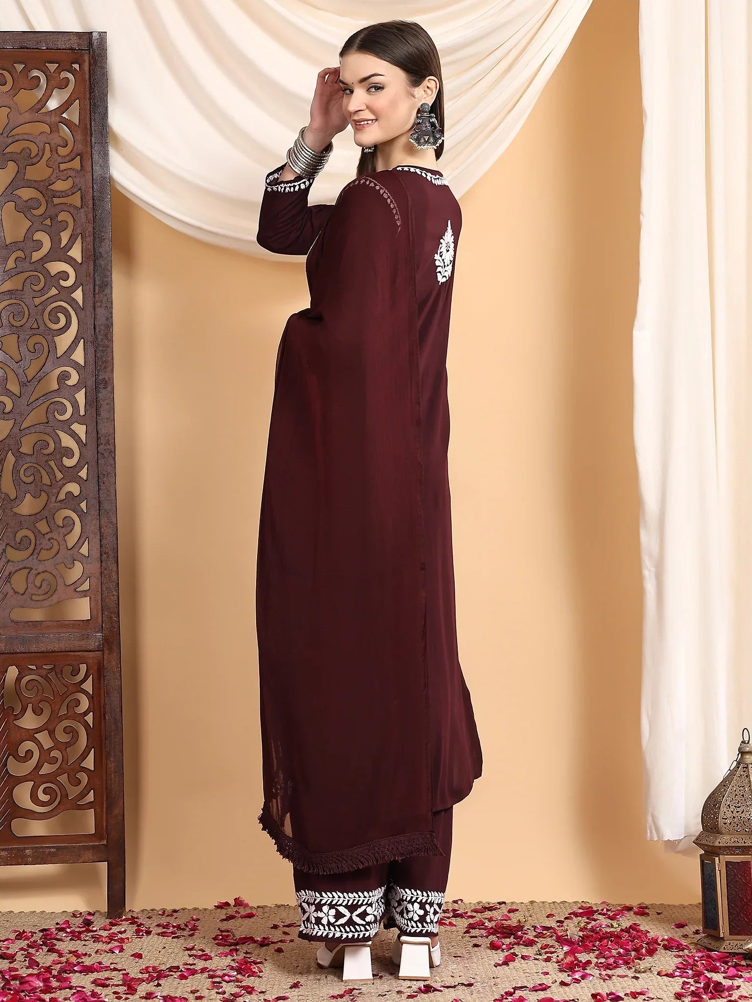 Shiza Chikankari Premium Modal Co-ord Set (Brown)