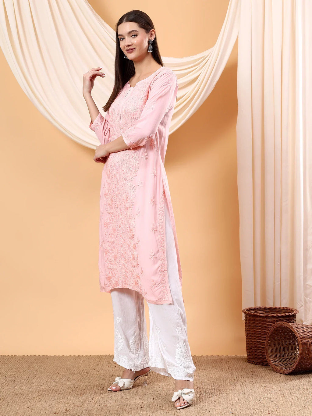Alina Chikankari Modal Straight Kurta (Pastel Peach)