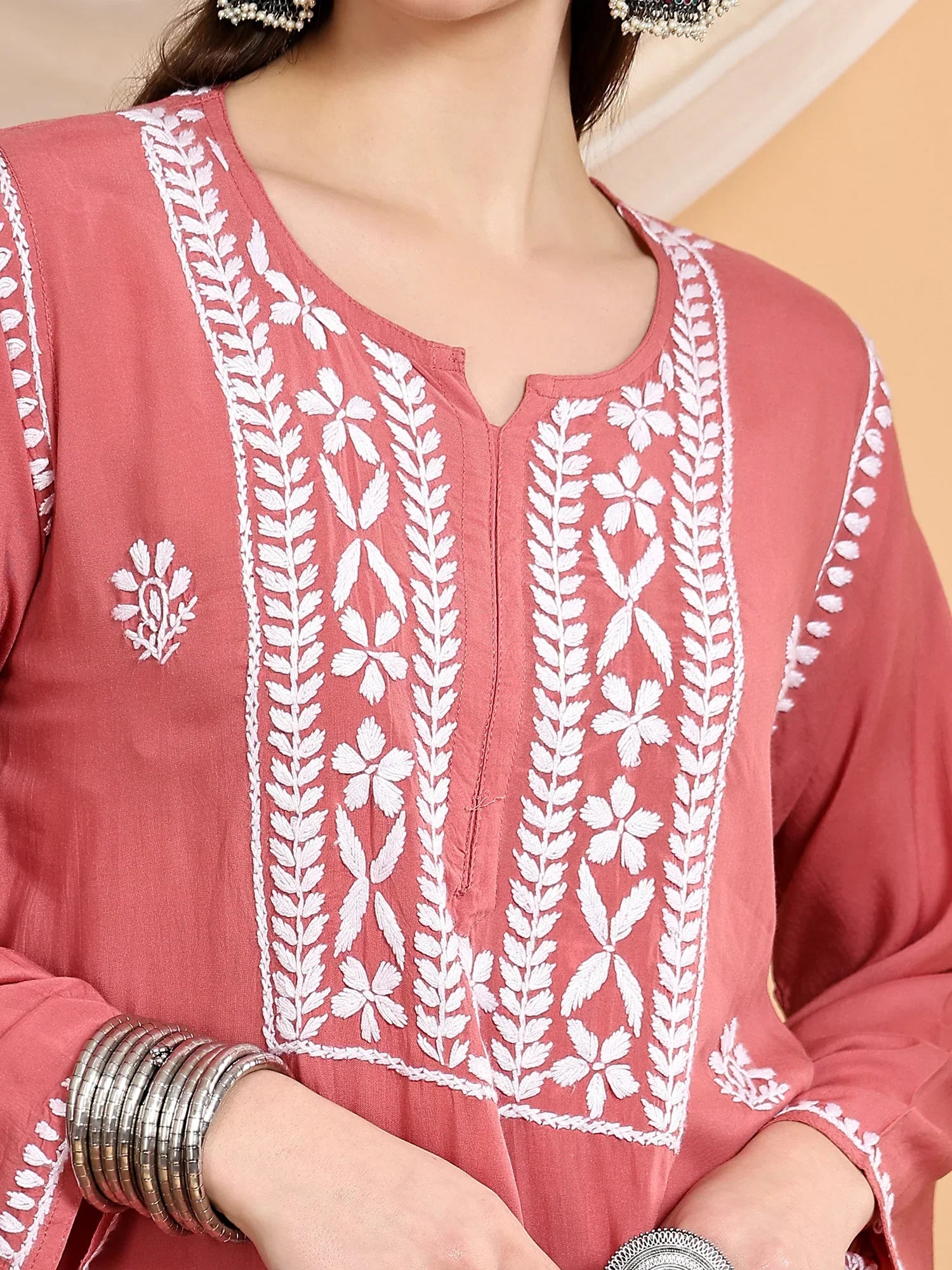 Shiza Chikankari Premium Modal Co-ord Set (Coral Pink)