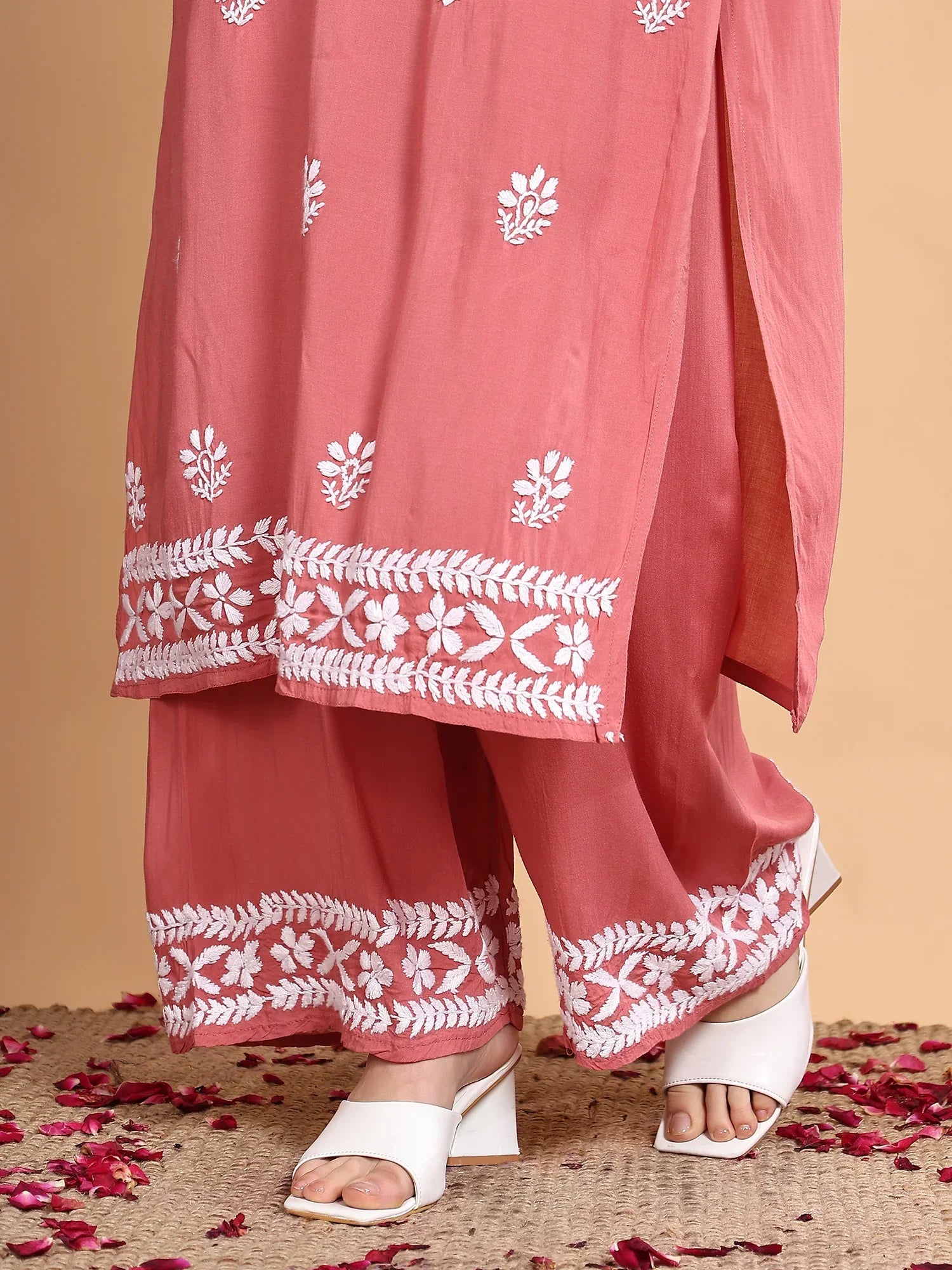 Shiza Chikankari Premium Modal Co-ord Set (Coral Pink)