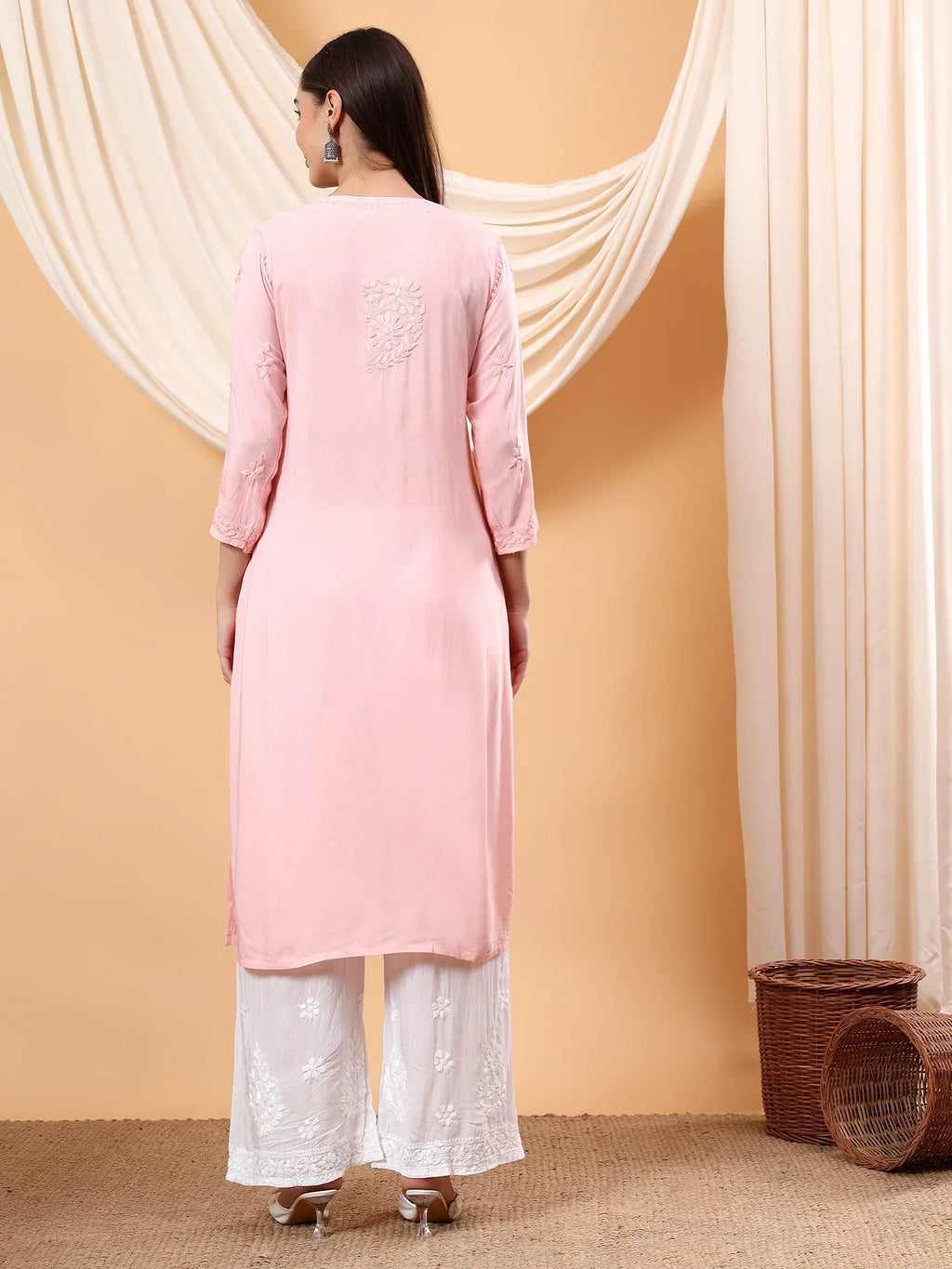 Alina Chikankari Modal Straight Kurta (Pastel Peach)