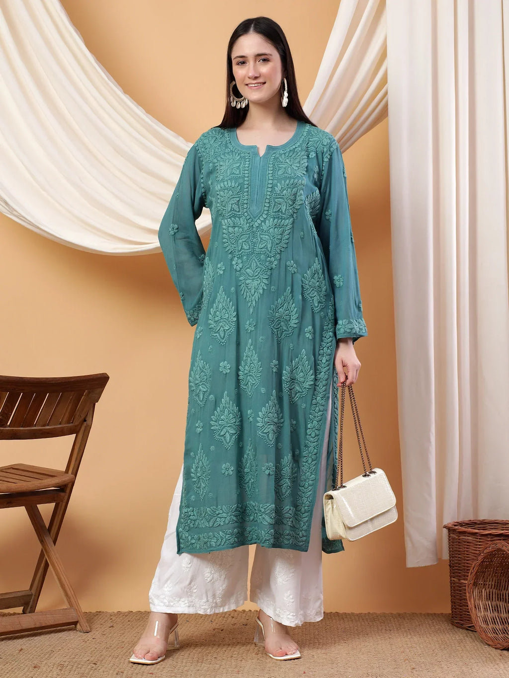 Dua Premium Viscose 3D Chikankari Straight Kurta (Green)