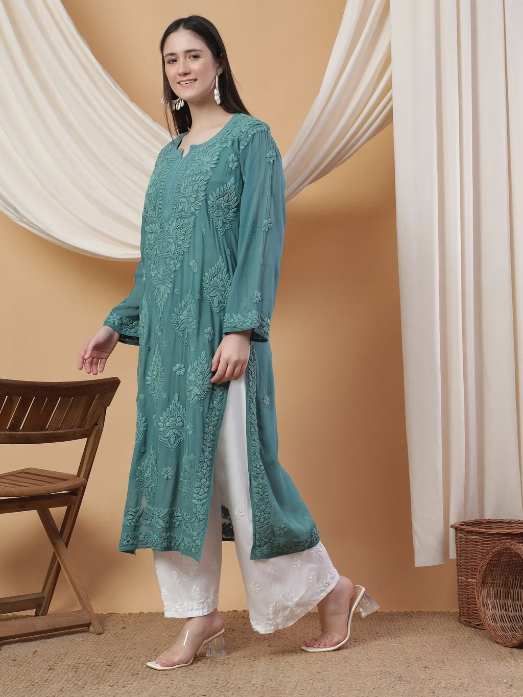 Dua Premium Viscose 3D Chikankari Straight Kurta (Green)