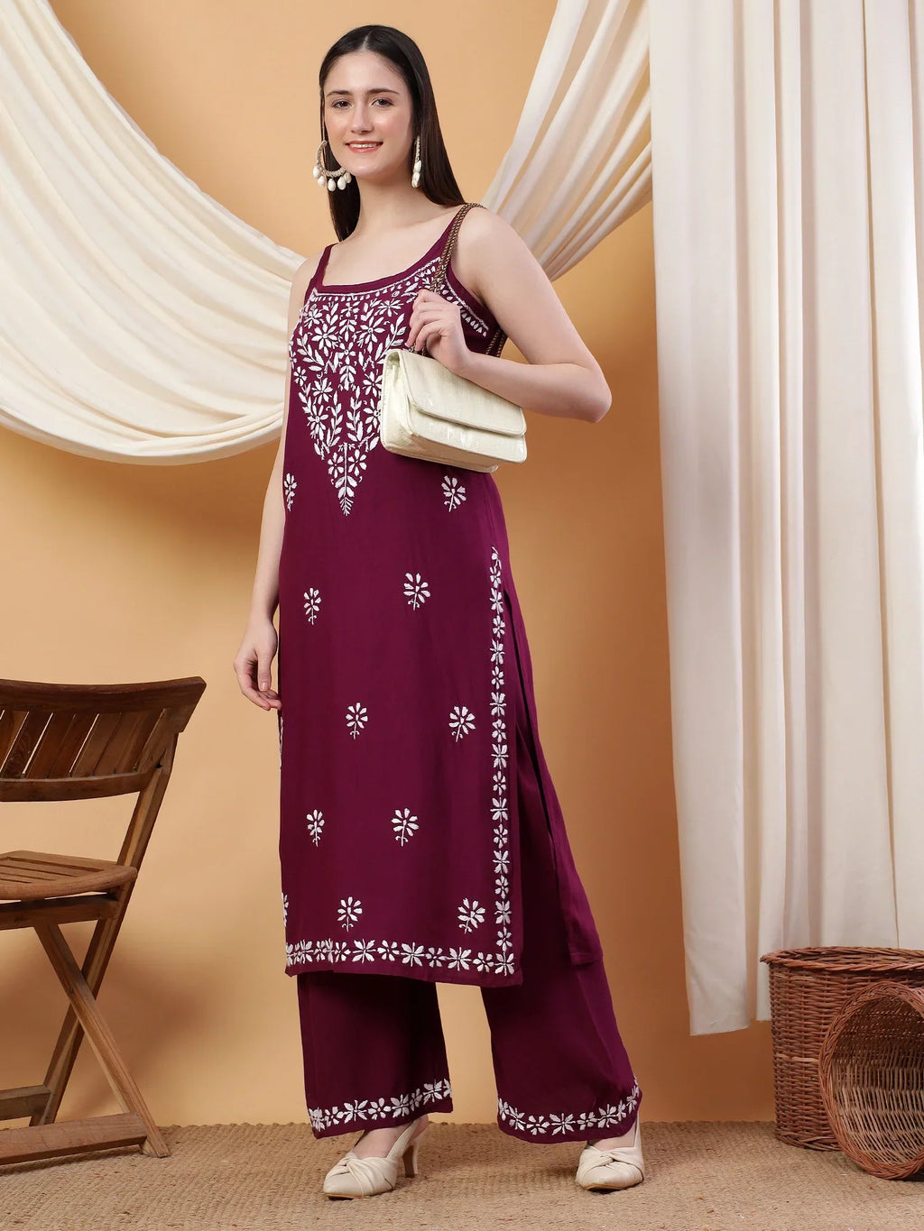 Raha Chikankari Strappy Rayon Co-ord Set (Wine)