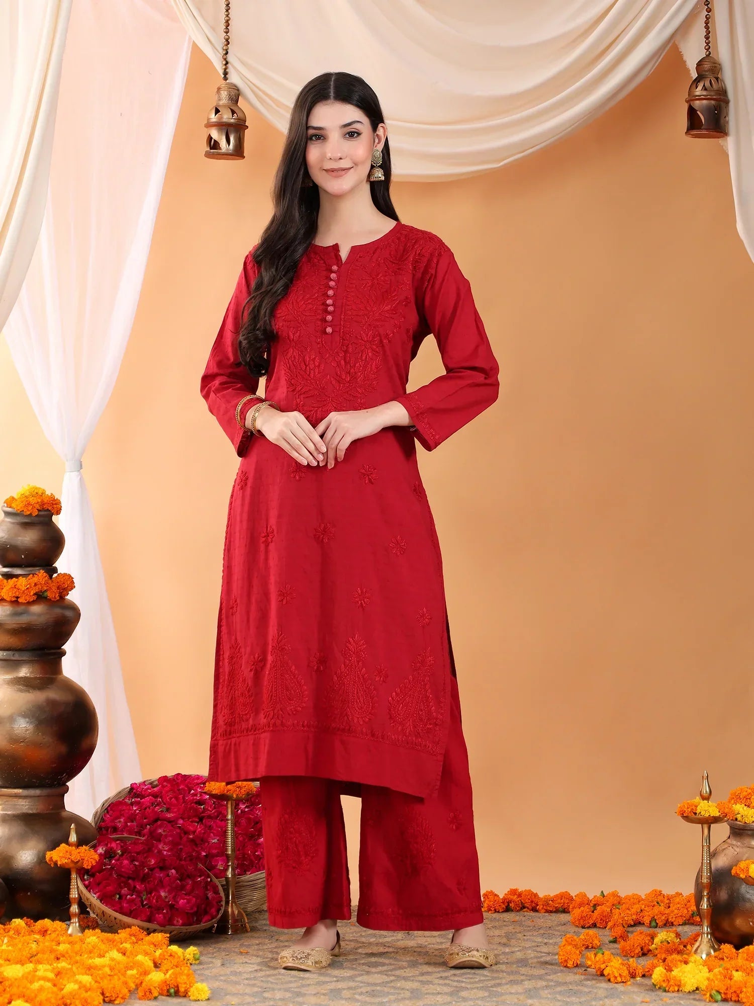 Priya Chikankari Kurta Palazzo Cotton Co-ord Set (Maroon)