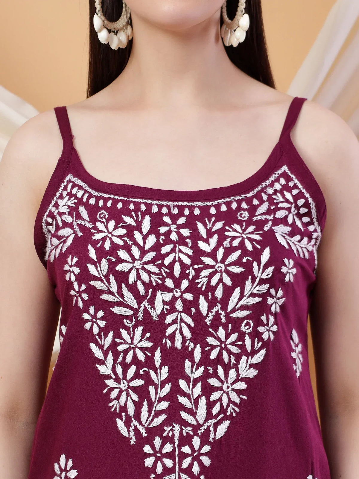 Raha Chikankari Strappy Rayon Co-ord Set (Wine)