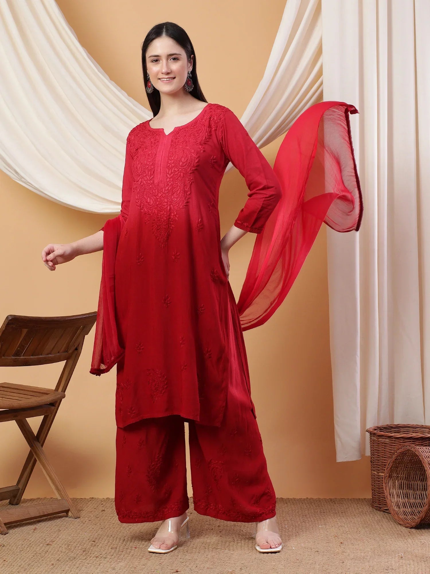 Meher Chikankari Ombre Rayon Co-ord Set (Maroon)