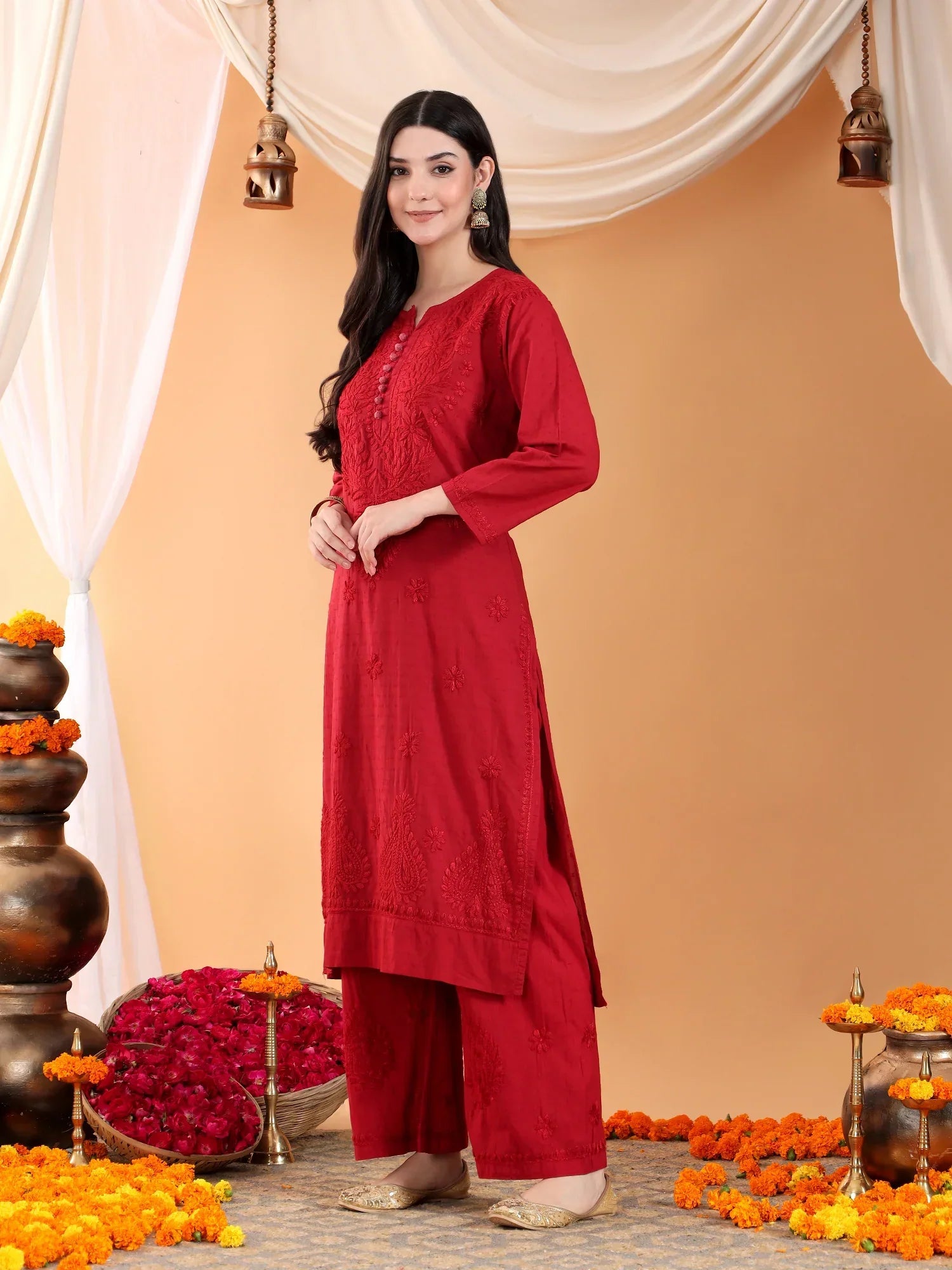 Priya Chikankari Kurta Palazzo Cotton Co-ord Set (Maroon)