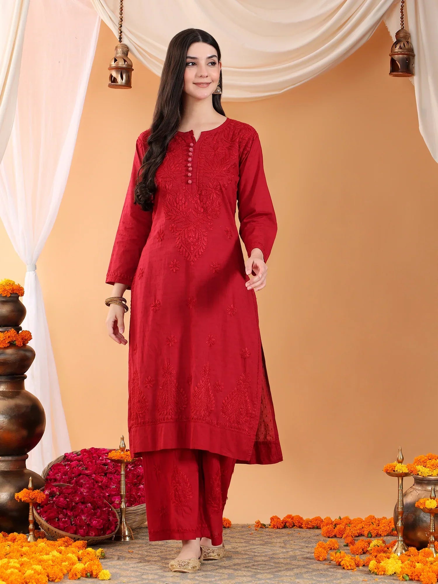 Priya Chikankari Kurta Palazzo Cotton Co-ord Set (Maroon)