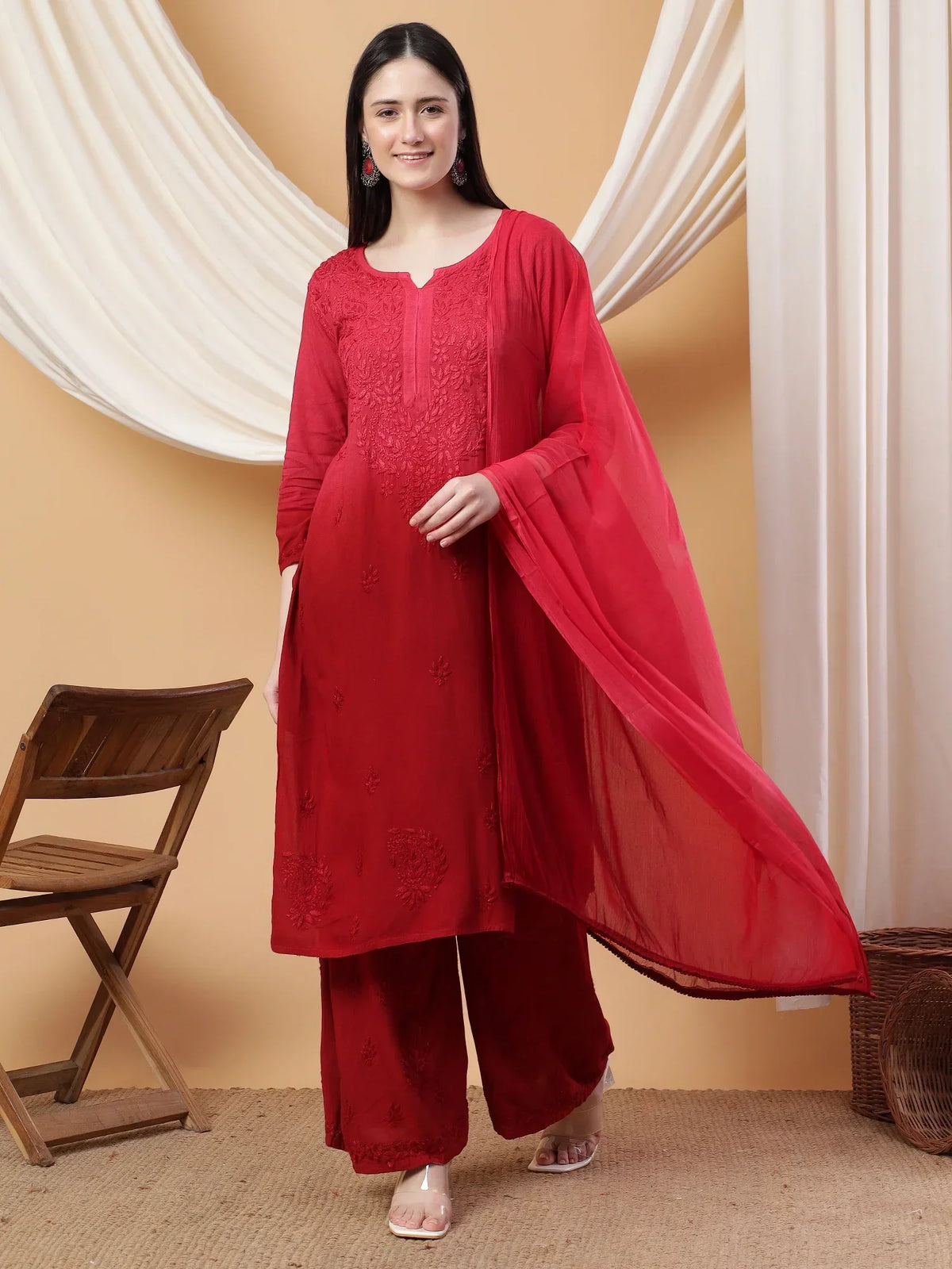 Meher Chikankari Ombre Rayon Co-ord Set (Maroon)