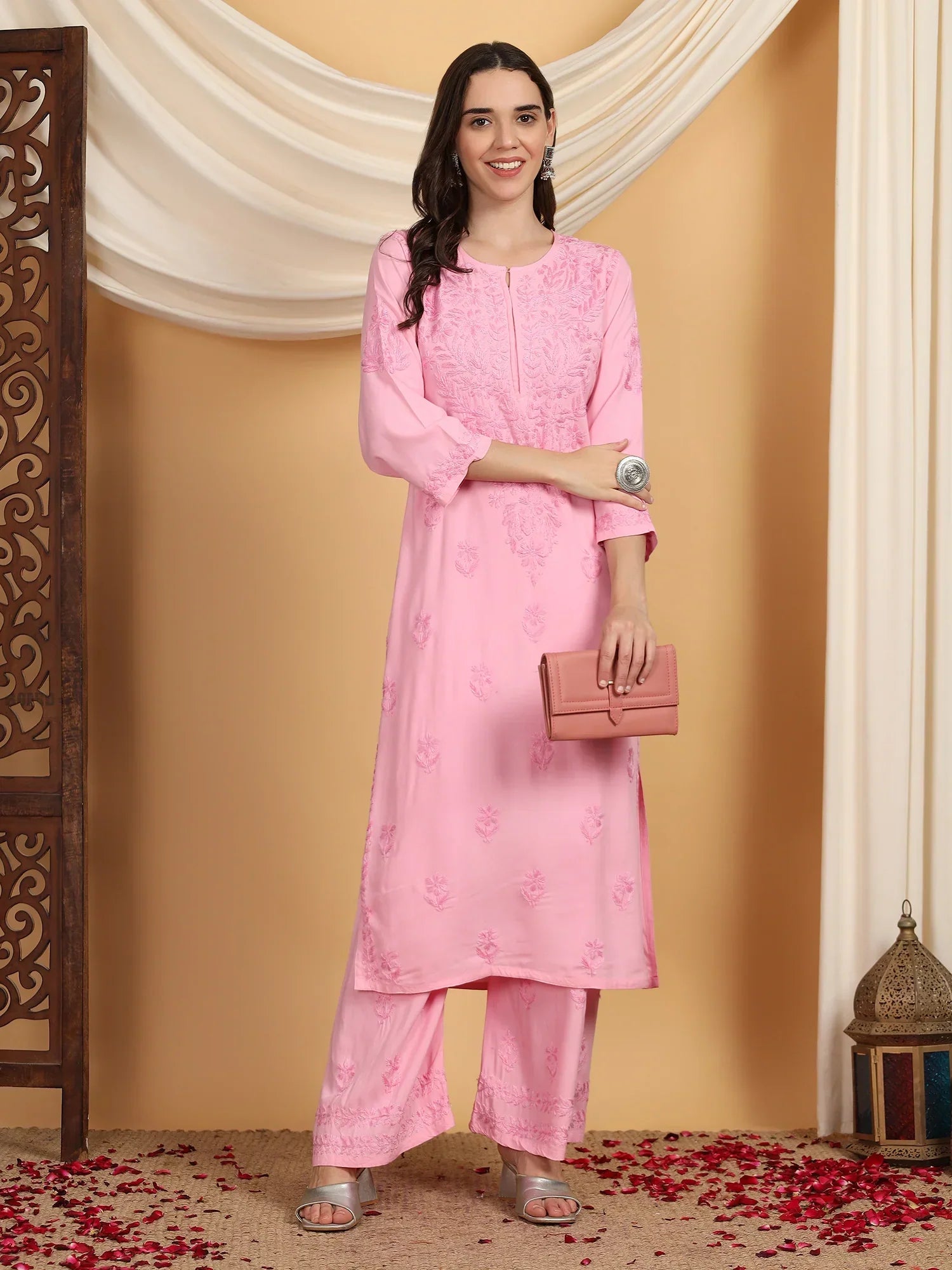 Faiza Chikankari Rayon Co-ord Set (Baby Pink)
