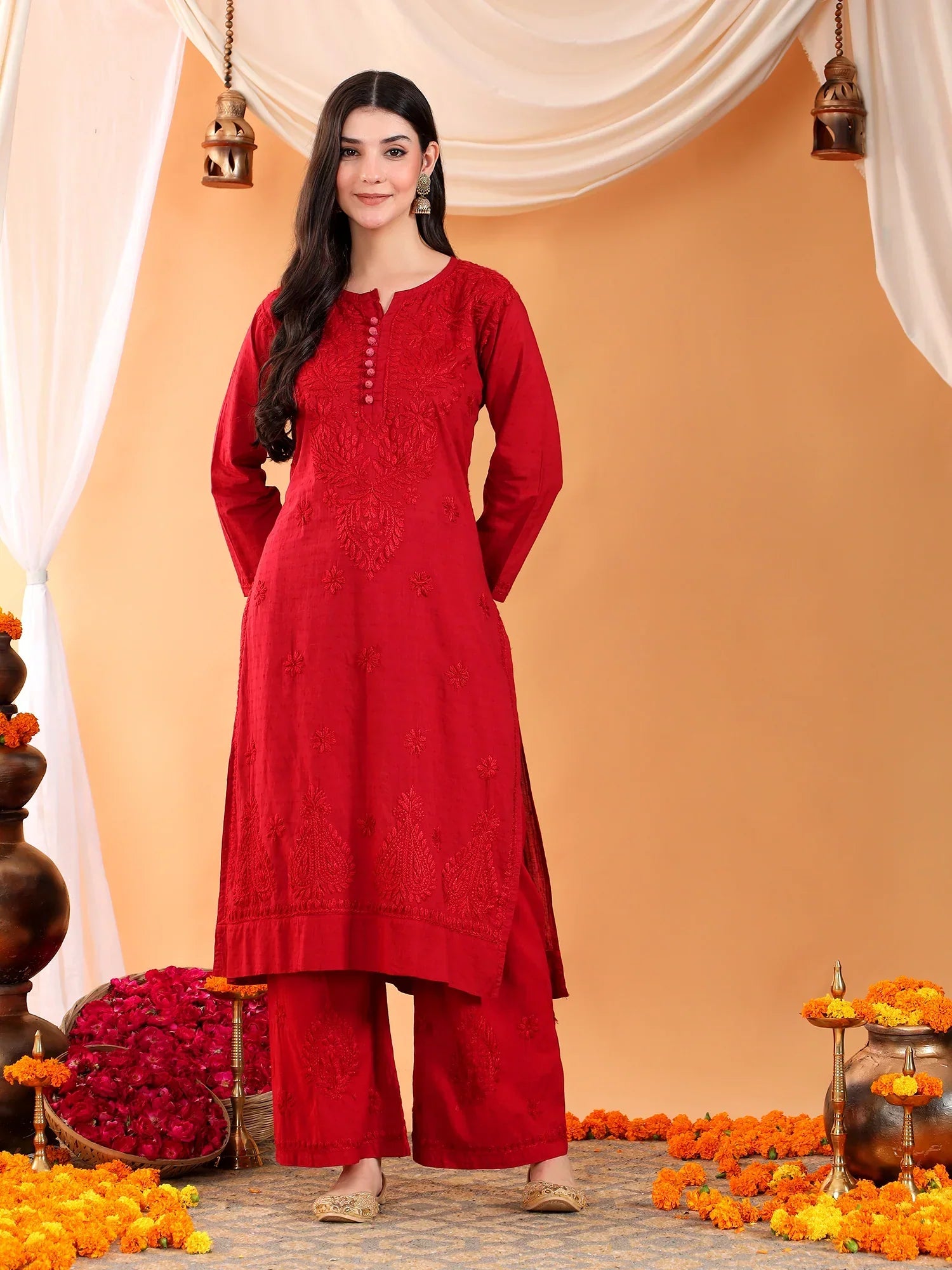 Priya Chikankari Kurta Palazzo Cotton Co-ord Set (Maroon)