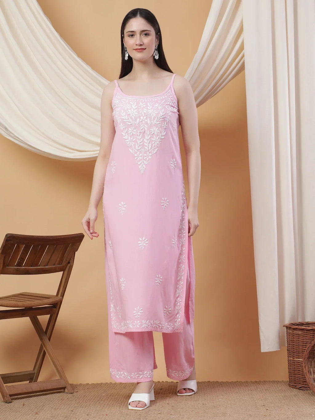 Raha Chikankari Strappy Rayon Co-ord Set (Baby Pink)