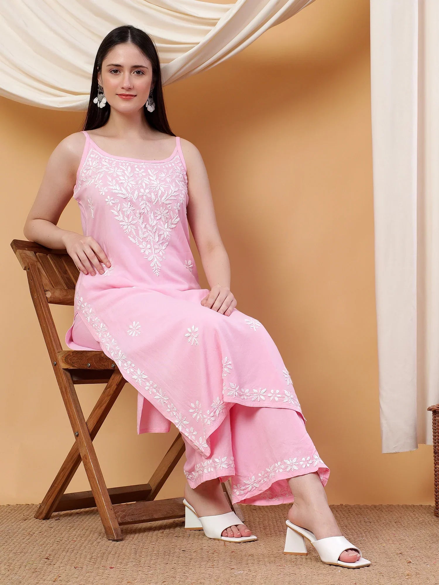 Raha Chikankari Strappy Rayon Co-ord Set (Baby Pink)