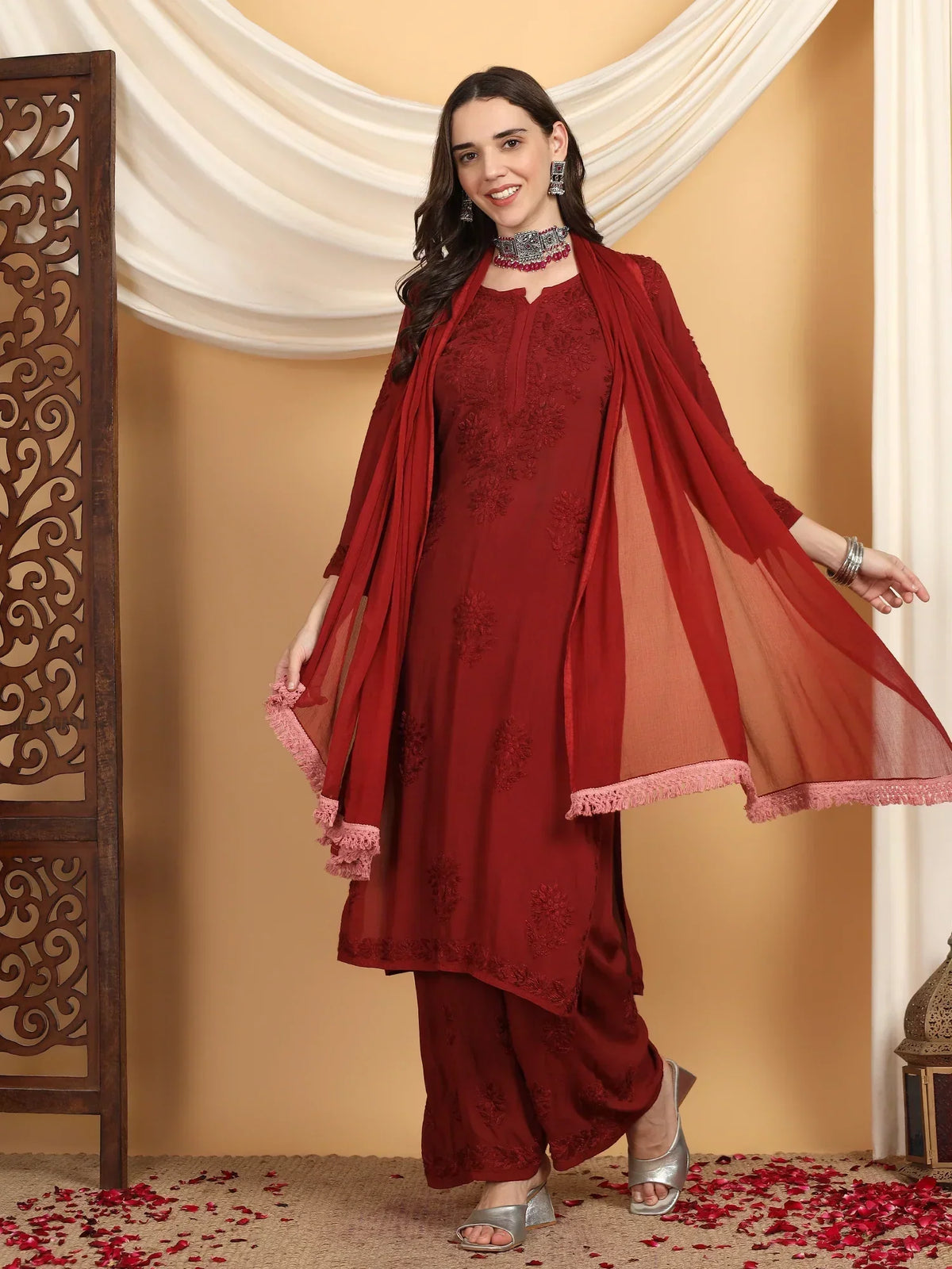 Farha Chikankari Premium Modal Co-ord Set (Maroon)