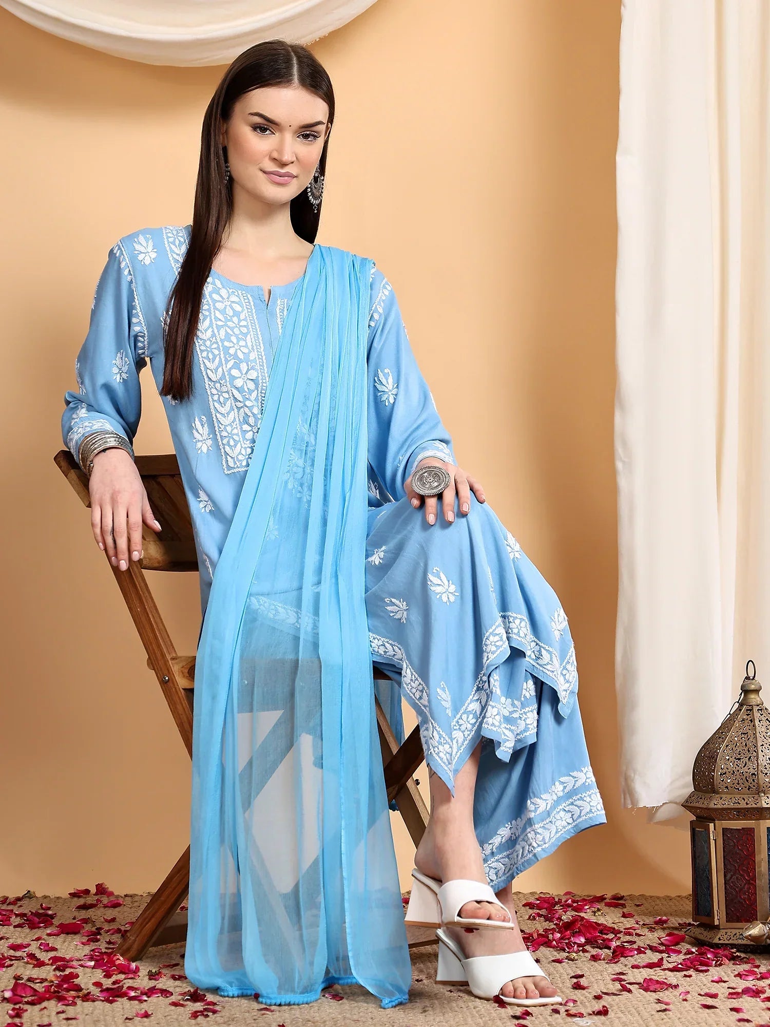Haya Chikankari Rayon Co-ord Set (Powder Blue)