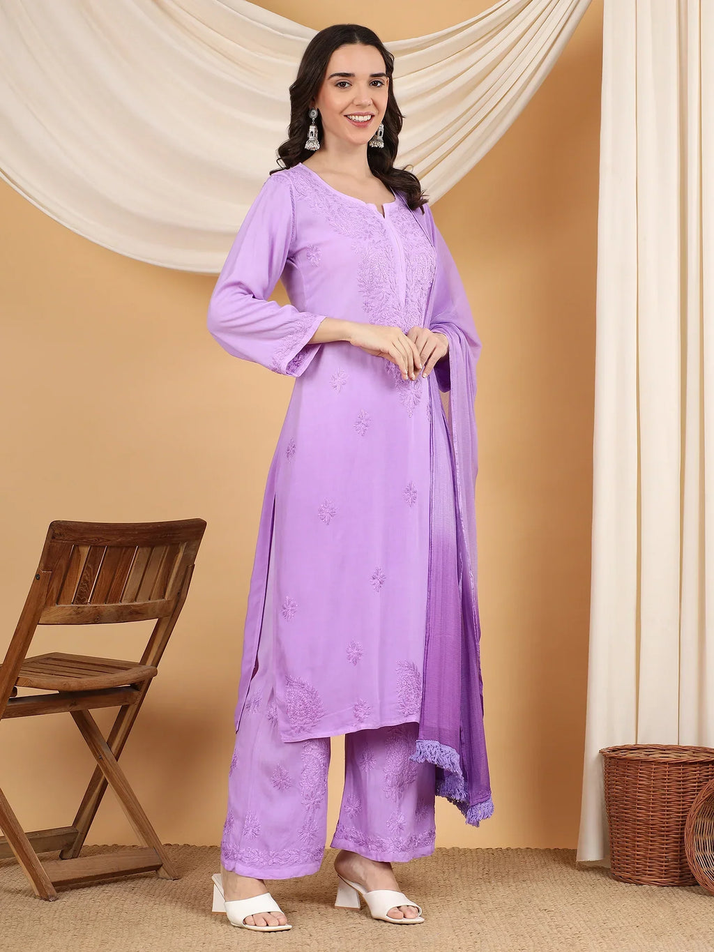 Meher Chikankari Ombre Rayon Co-ord Set (Lavender)