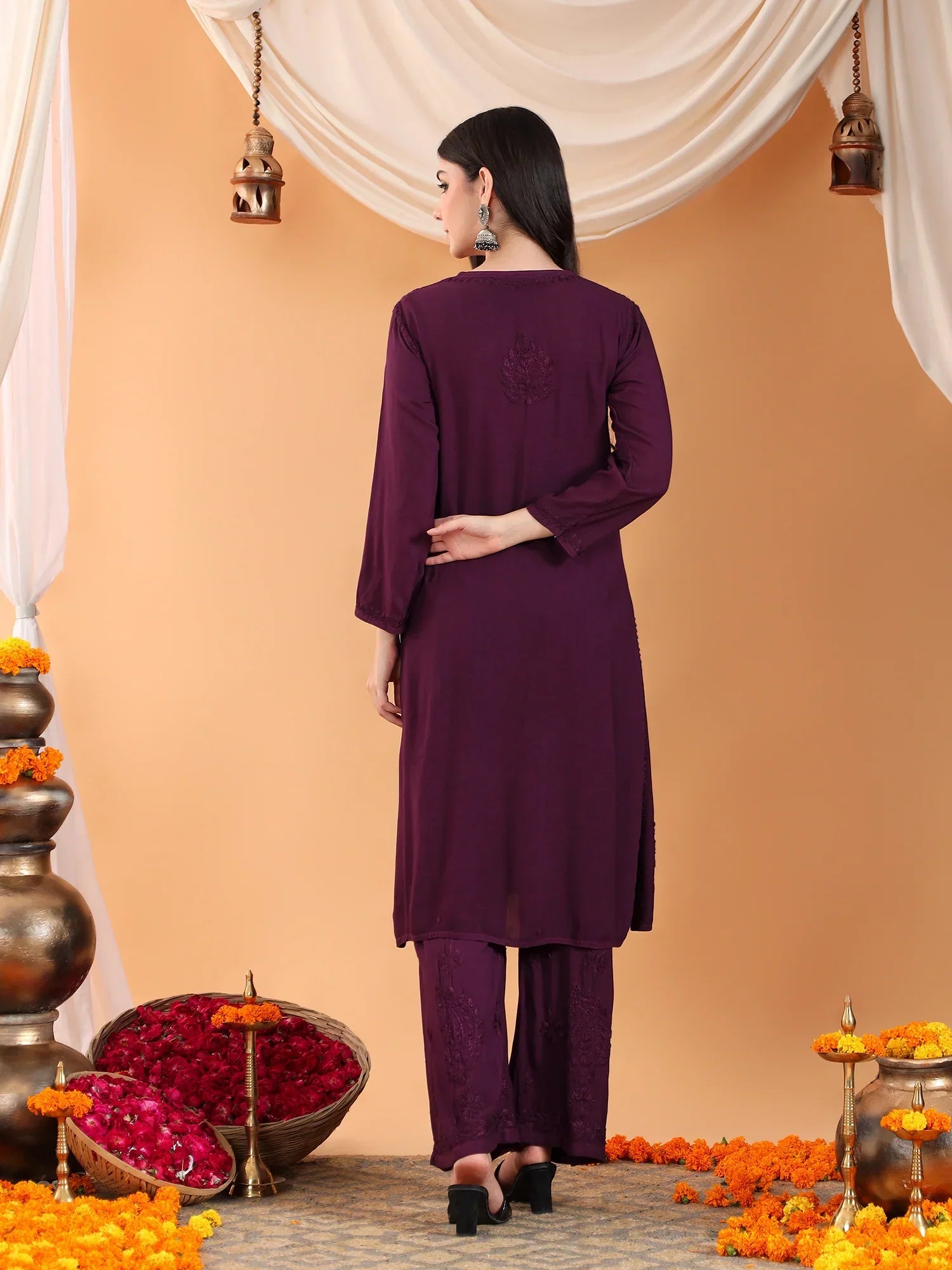 Maryam Chikankari Rayon Co-ord Set (Wine)