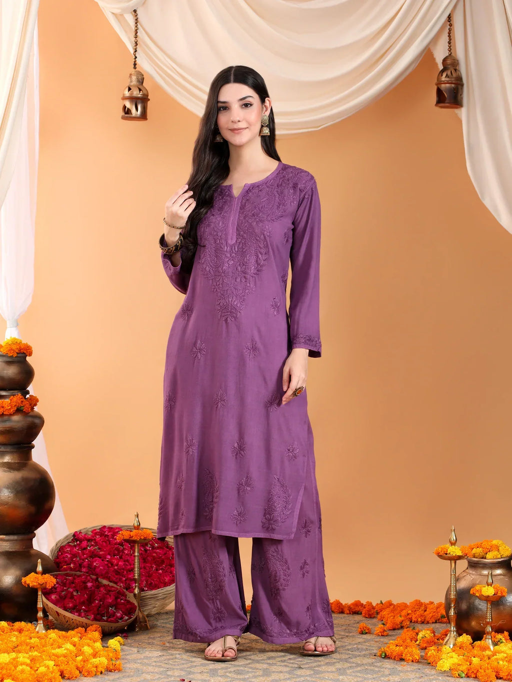 Maryam Chikankari Rayon Co-ord Set (Mauve)