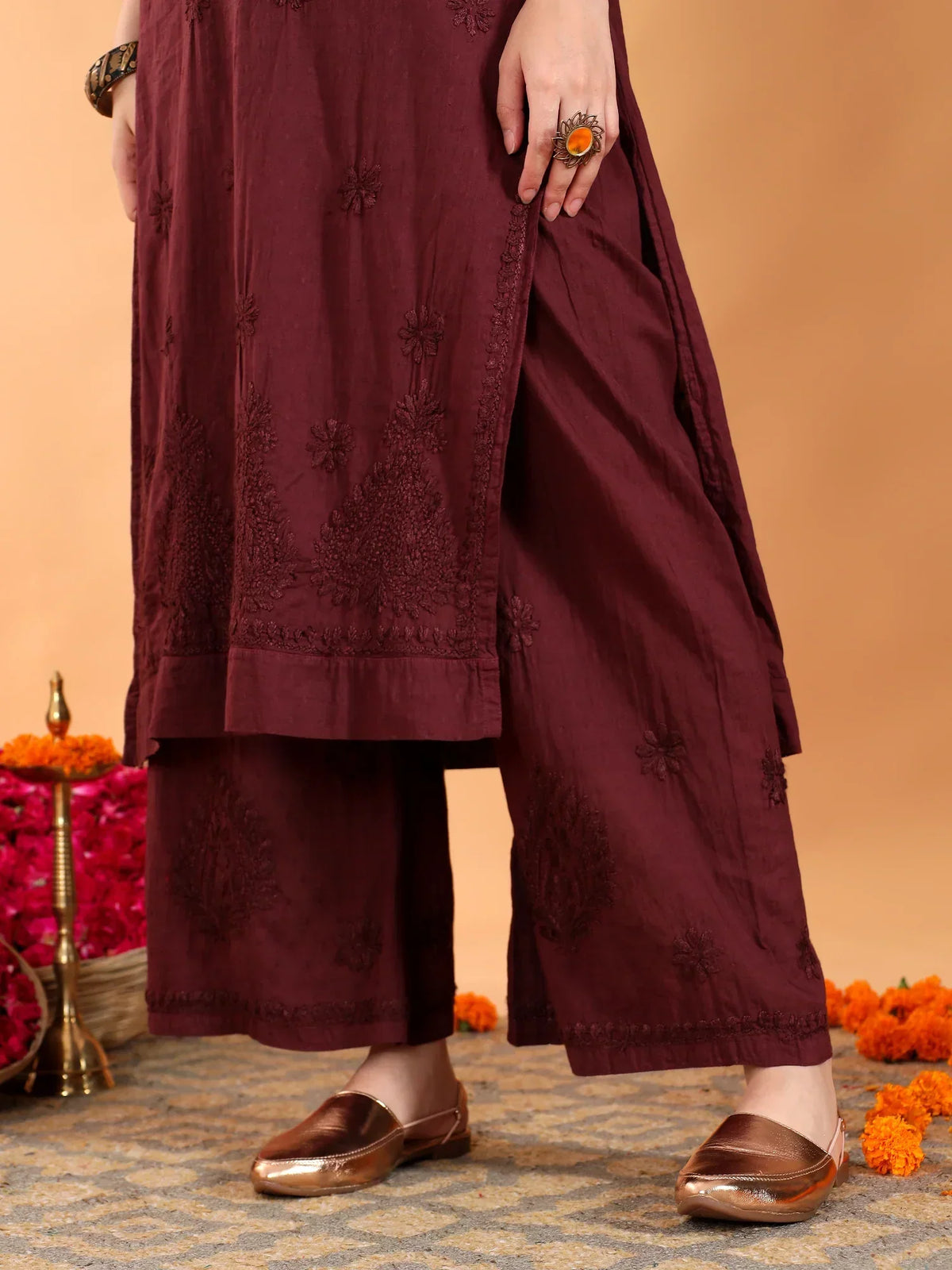 Priya Chikankari Kurta Palazzo Cotton Co-ord Set (Brown)