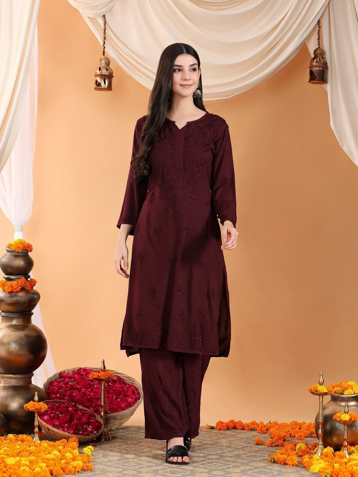 Maryam Chikankari Rayon Co-ord Set (Brown)