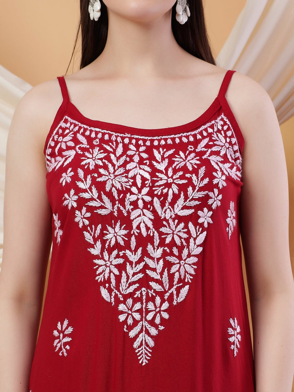 Raha Chikankari Strappy Rayon Co-ord Set (Maroon)