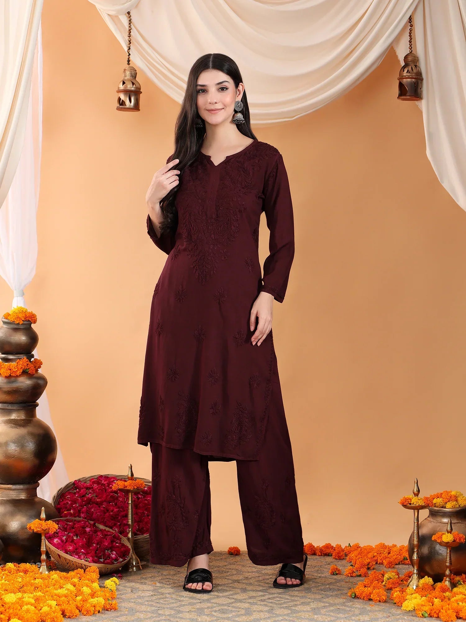 Maryam Chikankari Rayon Co-ord Set (Brown)