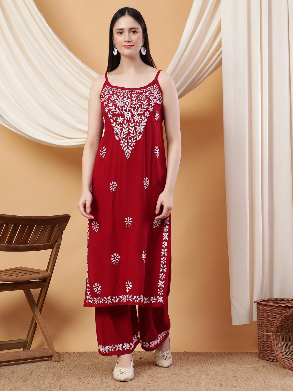 Raha Chikankari Strappy Rayon Co-ord Set (Maroon)