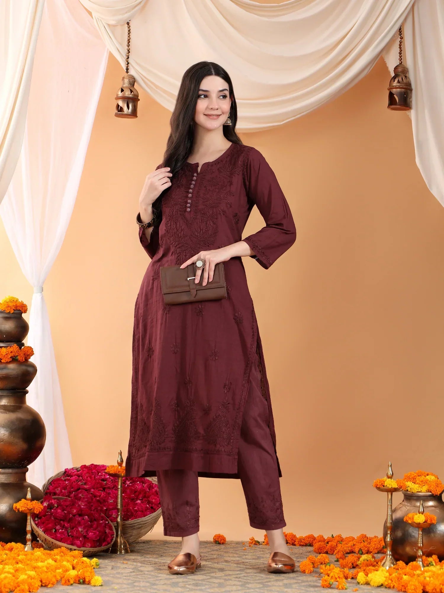 Ananya Chikankari Kurta Pant Cotton Co-ord Set (Brown)