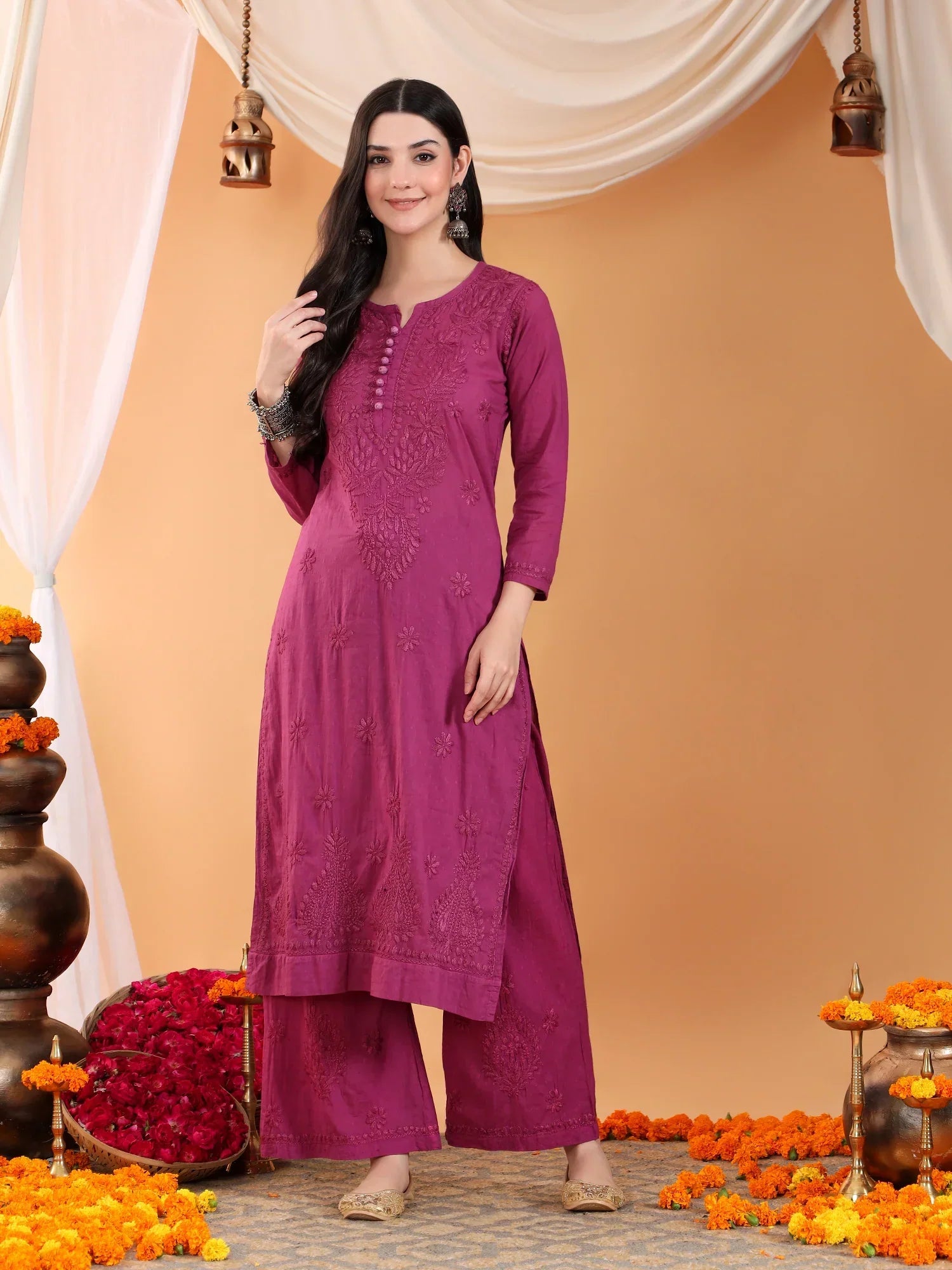 Priya Chikankari Kurta Palazzo Cotton Co-ord Set (Wine)