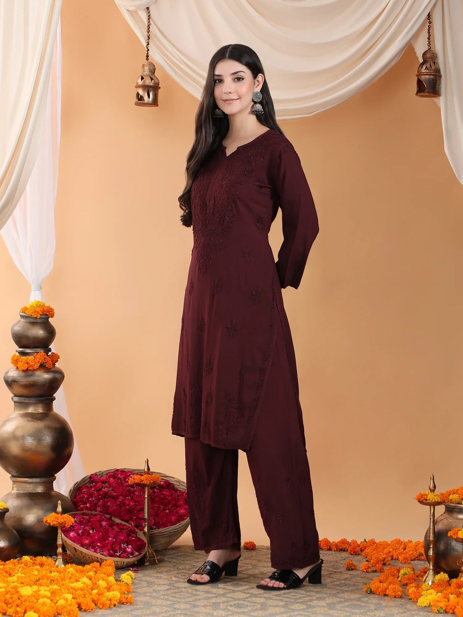 Maryam Chikankari Rayon Co-ord Set (Brown)