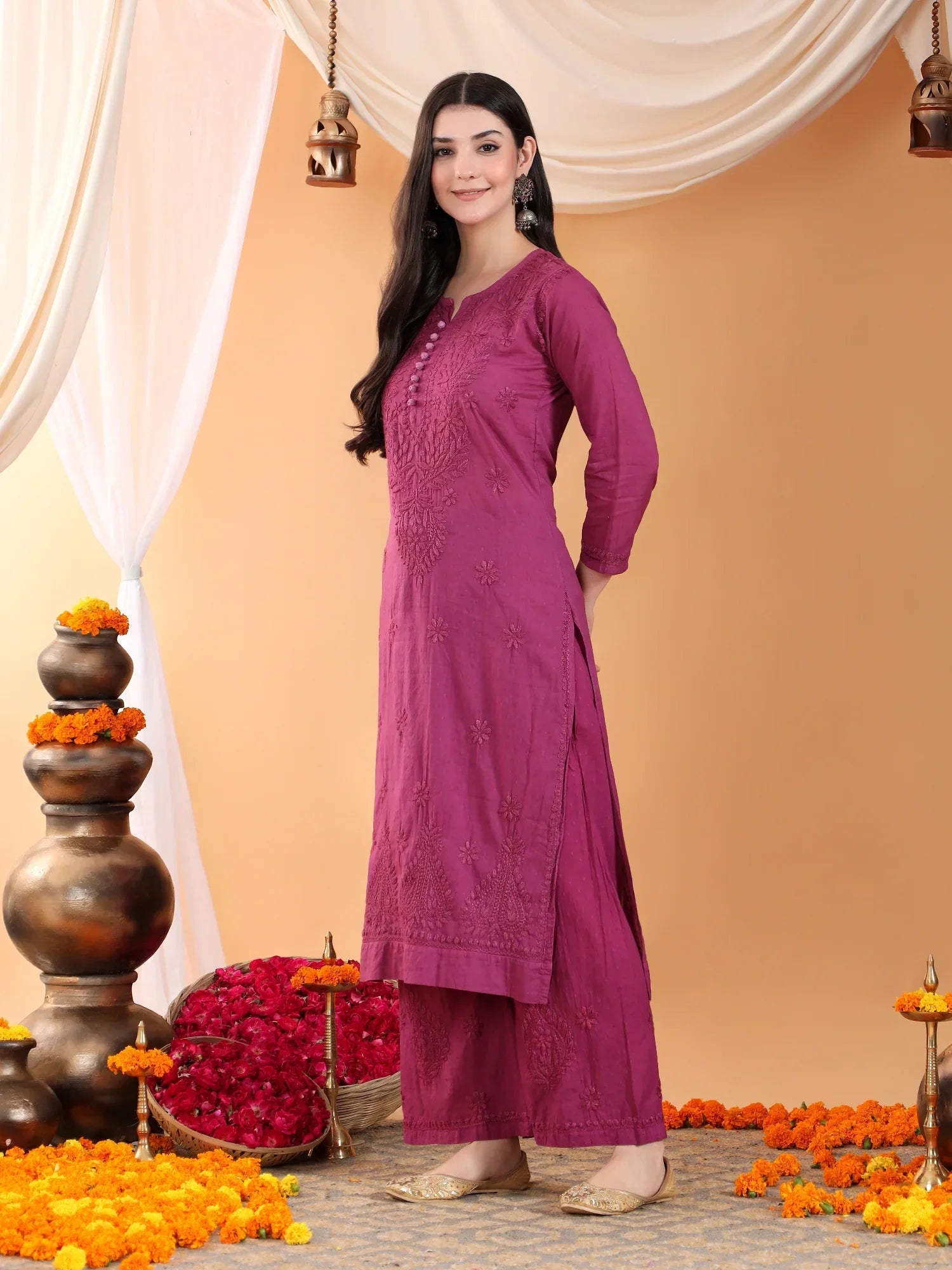 Priya Chikankari Kurta Palazzo Cotton Co-ord Set (Wine)