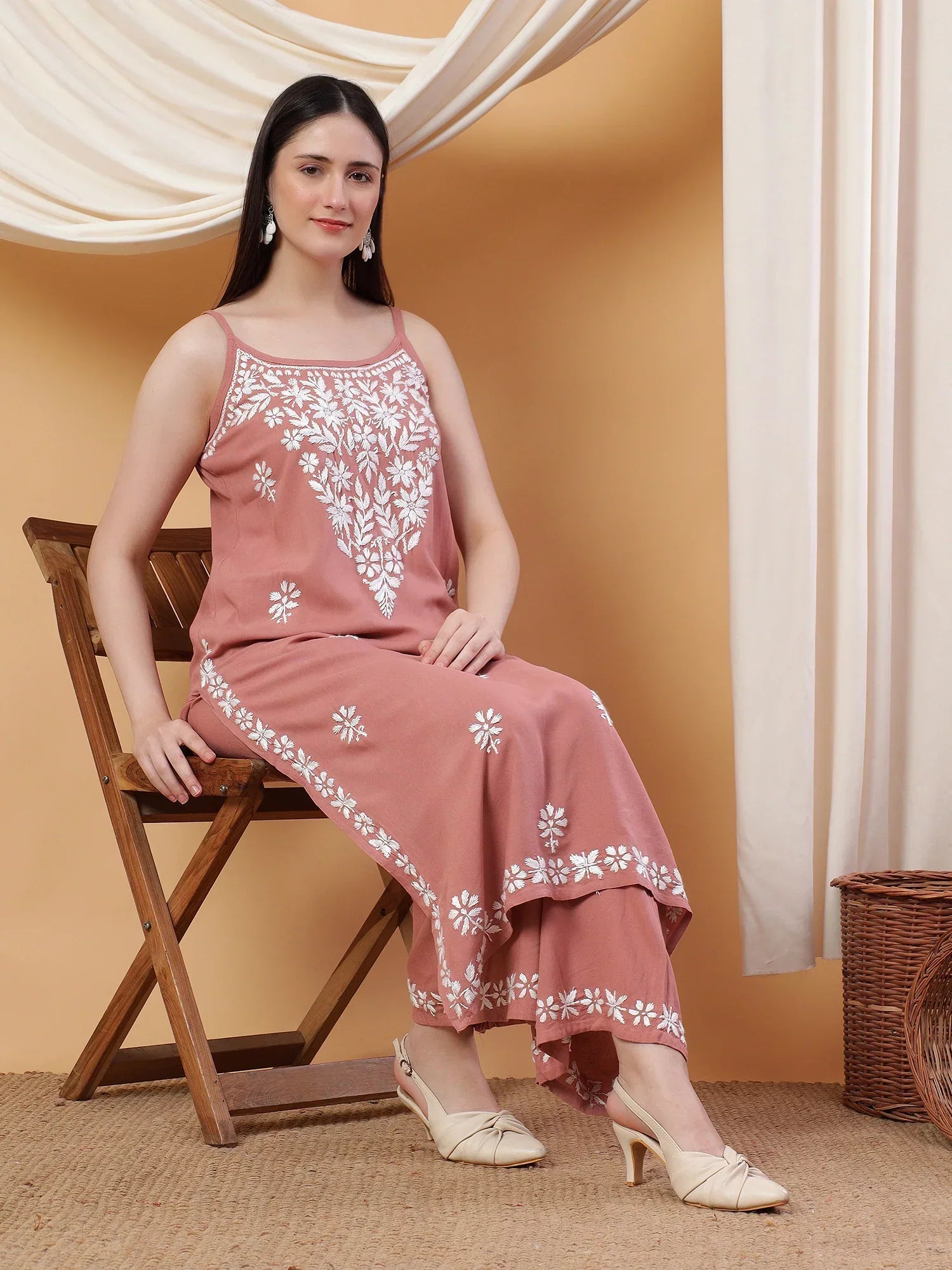 Raha Chikankari Strappy Rayon Co-ord Set (Nude Coral)