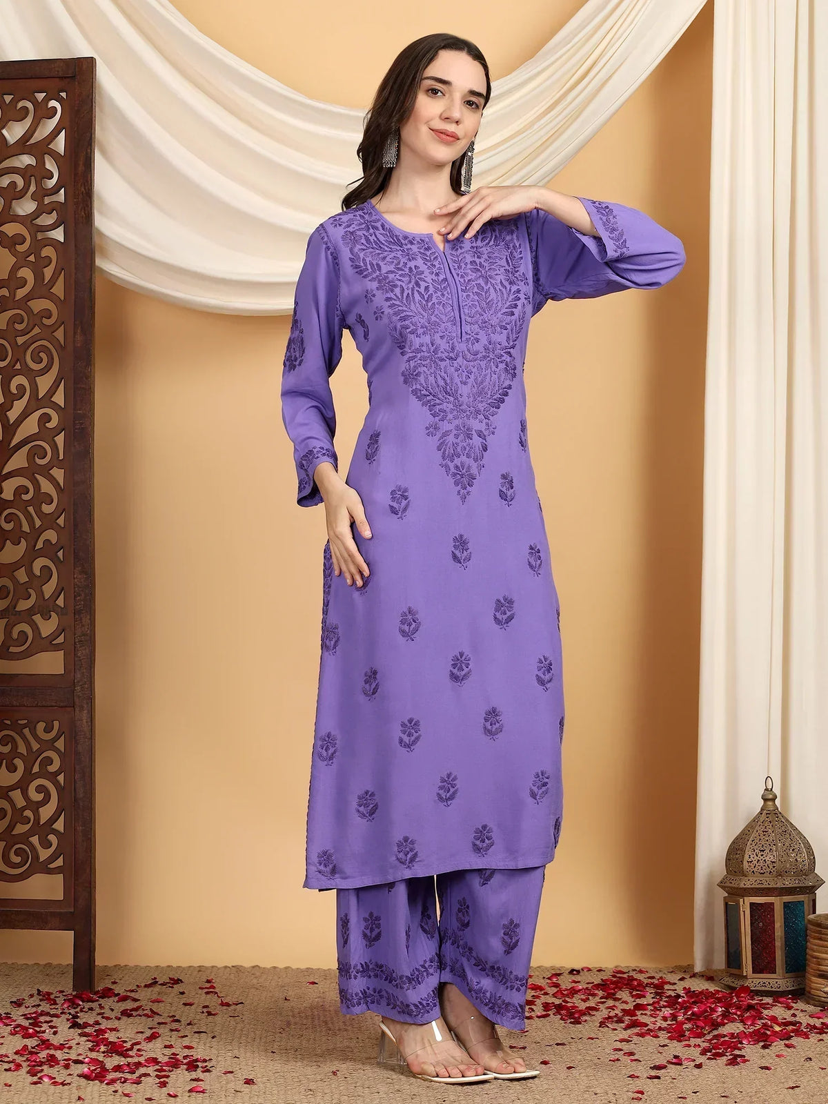Faiza Chikankari Rayon Co-ord Set (Purple)