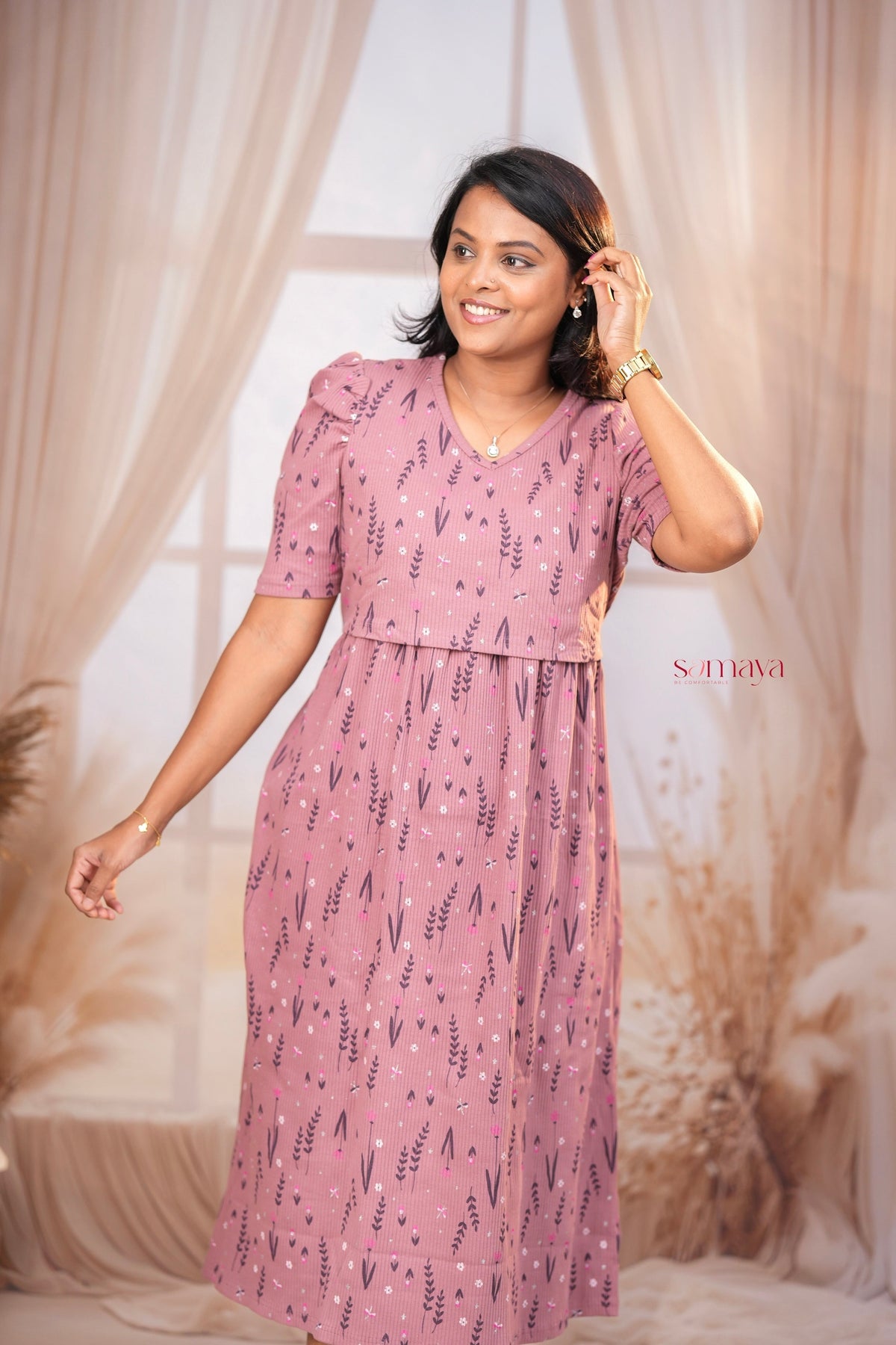 Midi Dusty Pink Ribbed Thick Weight Dress  ( cotton fabric )