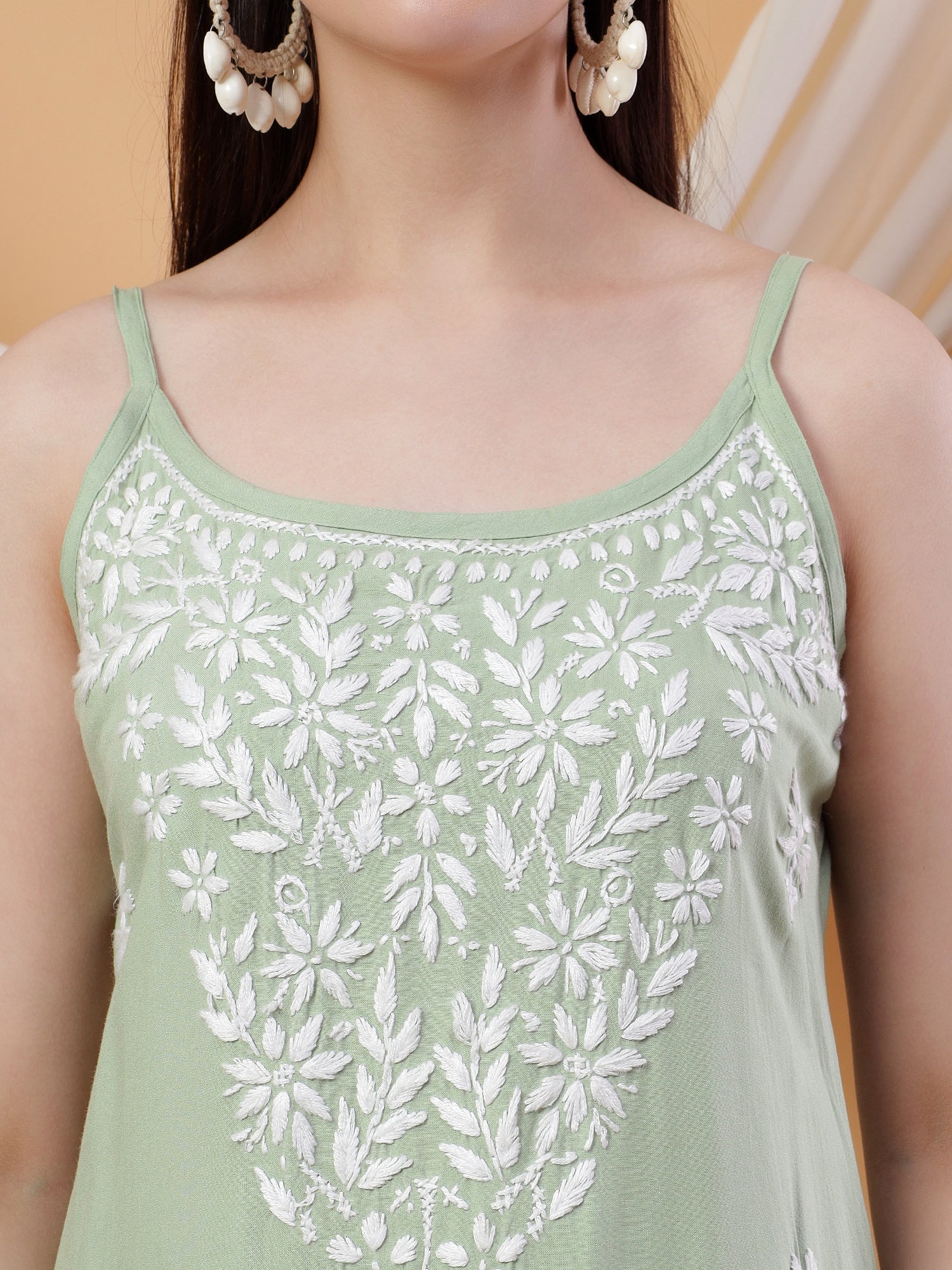 Raha Chikankari Strappy Rayon Co-ord Set (Pastel Green)