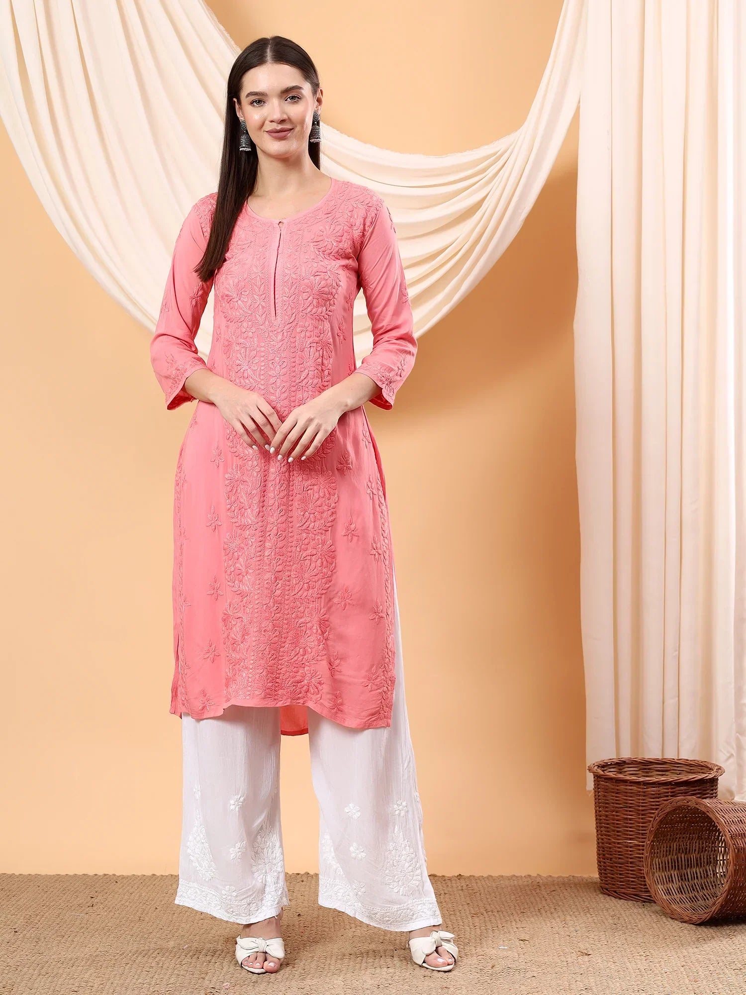 Alina Chikankari Modal Straight Kurta (Peach Pink)