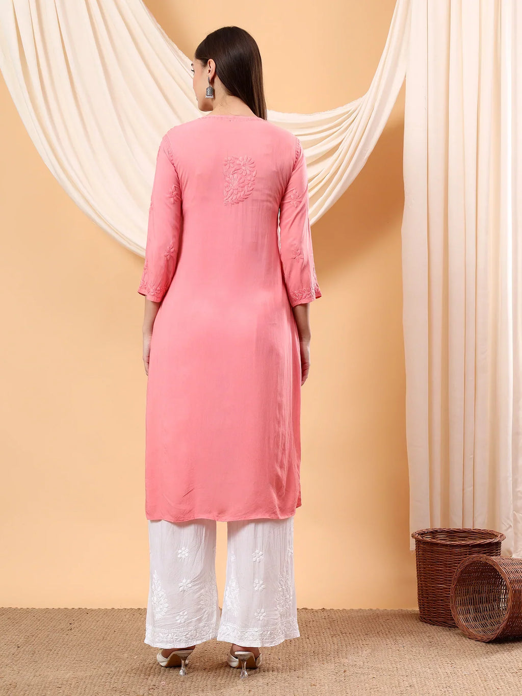 Alina Chikankari Modal Straight Kurta (Peach Pink)