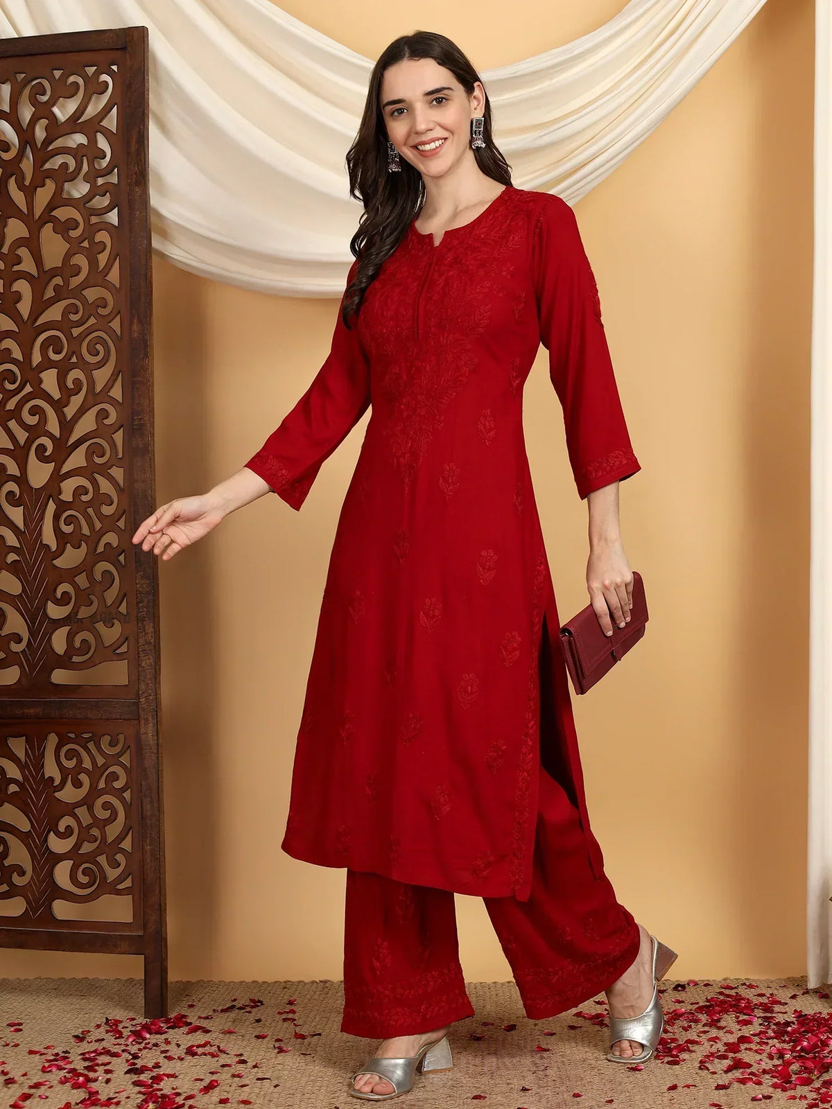 Faiza Chikankari Rayon Co-ord Set (Maroon)