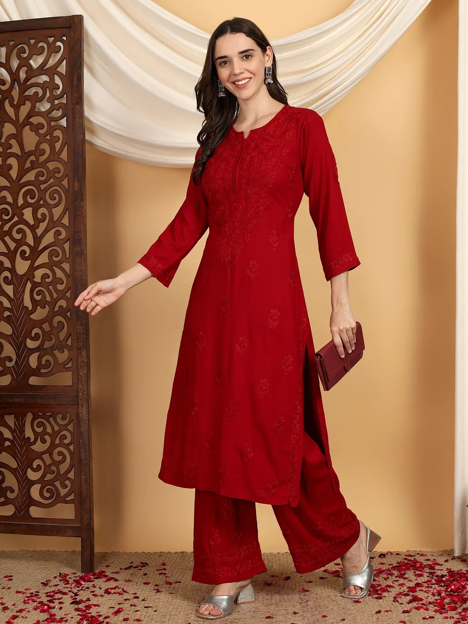 Faiza Chikankari Rayon Co-ord Set (Maroon)