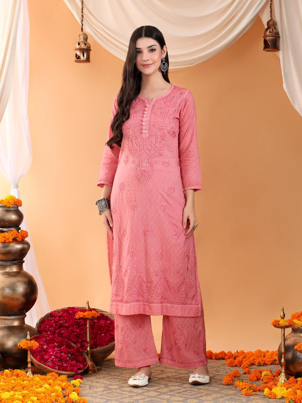 Priya Chikankari Kurta Palazzo Cotton Co-ord Set (Nude Coral)