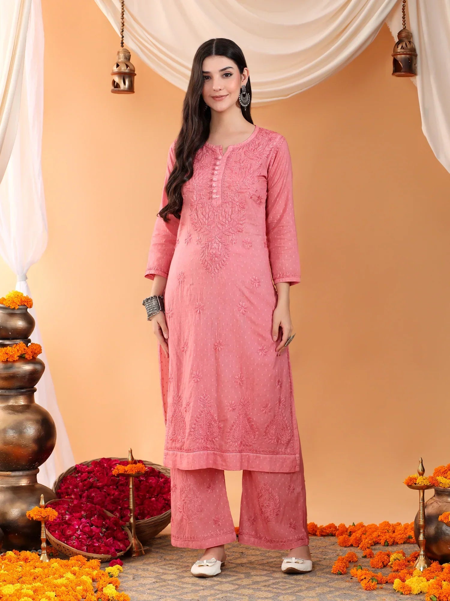 Priya Chikankari Kurta Palazzo Cotton Co-ord Set (Nude Coral)