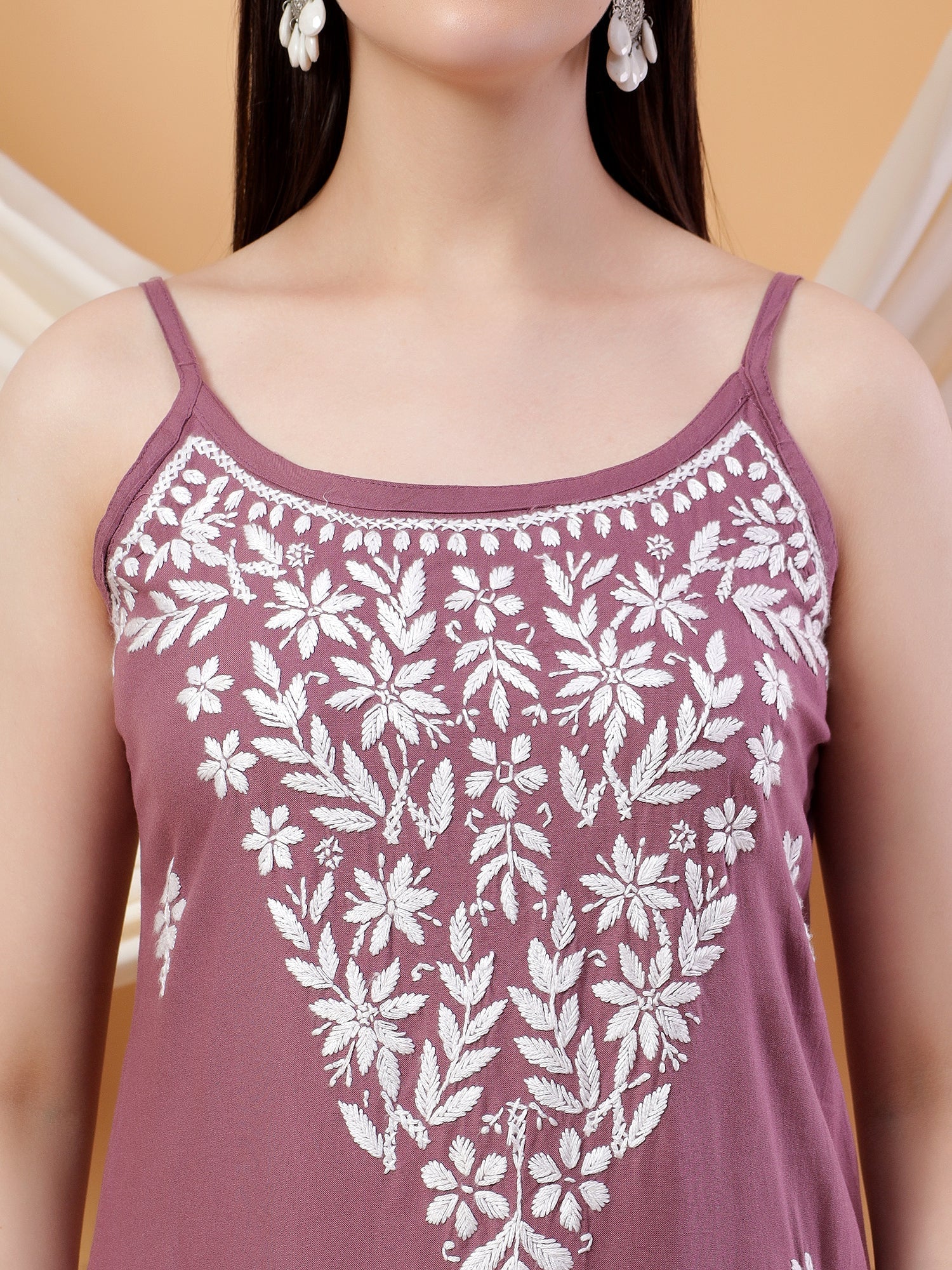 Raha Chikankari Strappy Rayon Co-ord Set (Mauve)