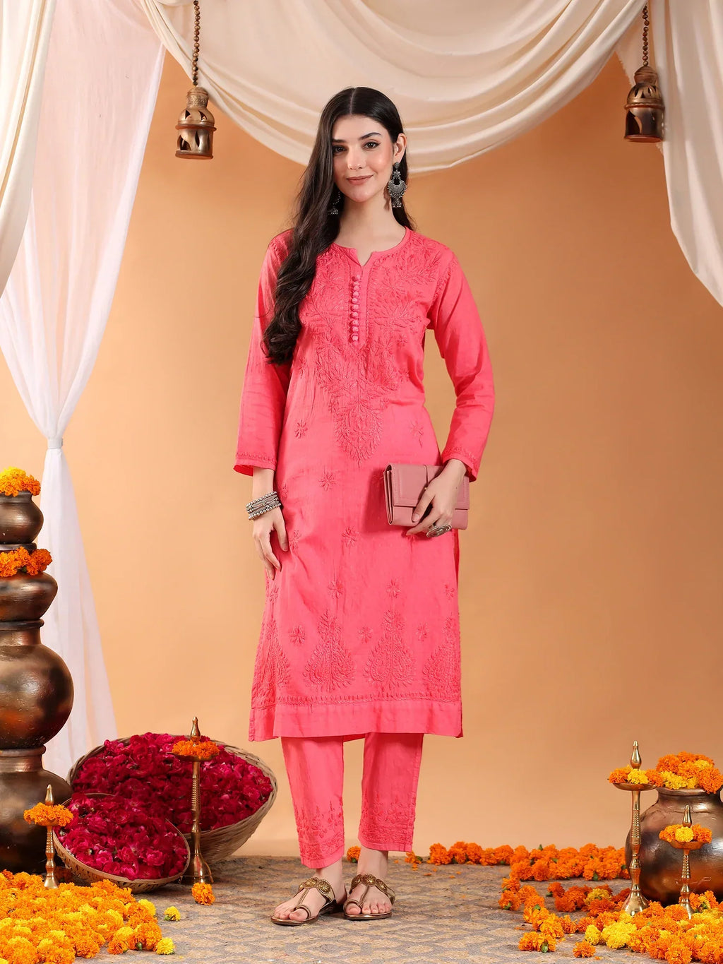 Ananya Chikankari Kurta Pant Cotton Co-ord Set (Coral)