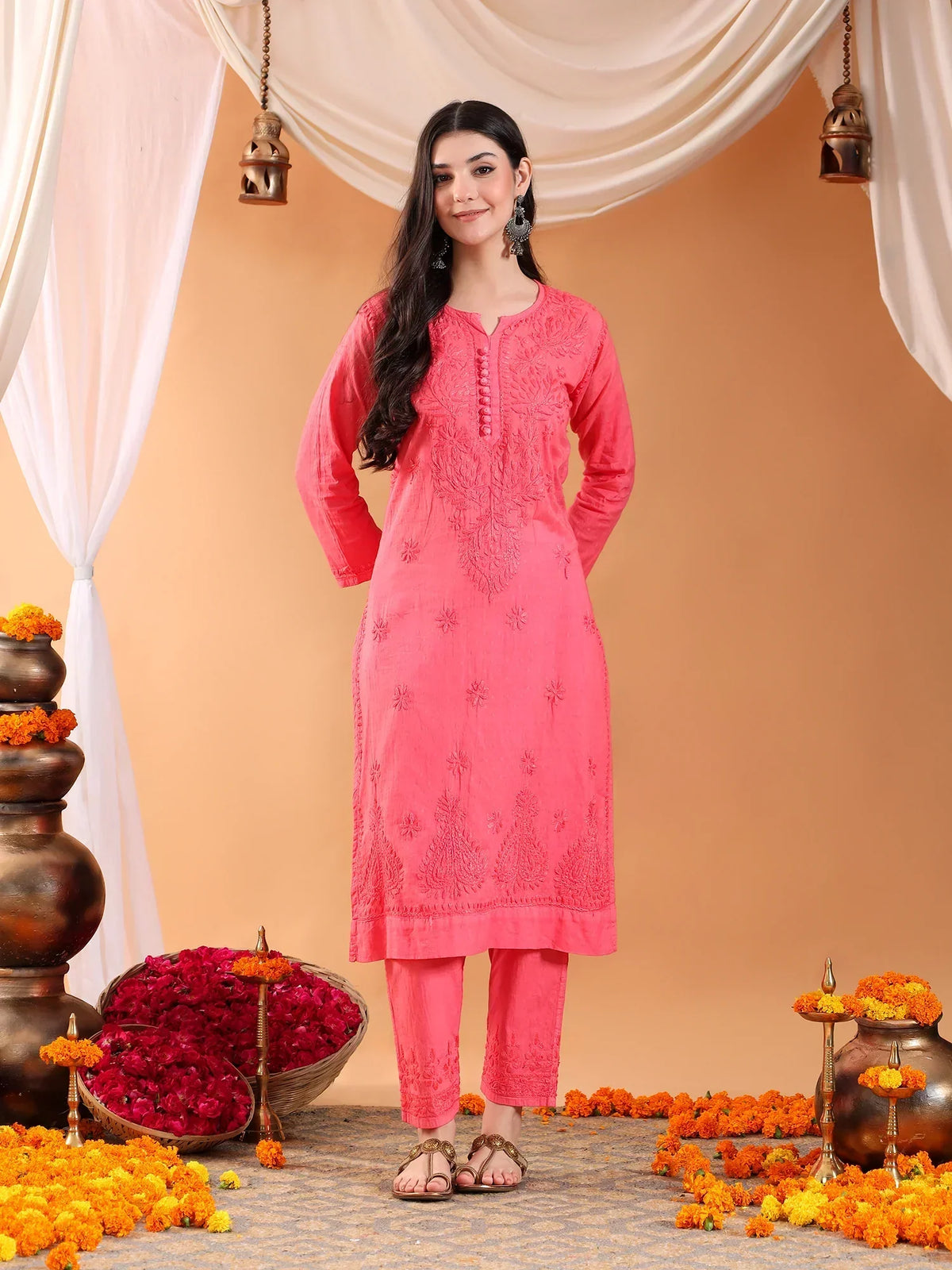 Ananya Chikankari Kurta Pant Cotton Co-ord Set (Coral)