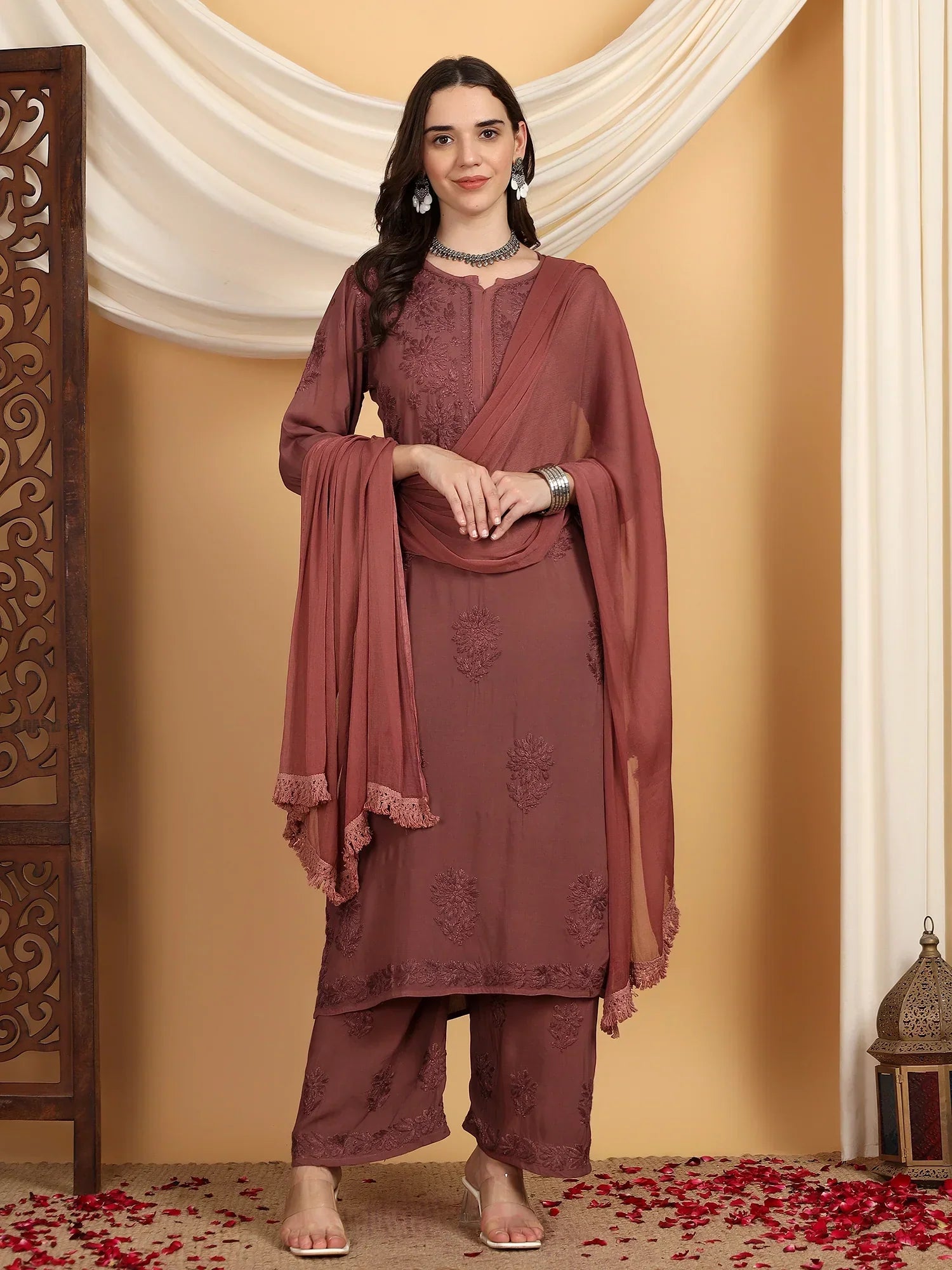 Farha Chikankari Premium Modal Co-ord Set (Brown)